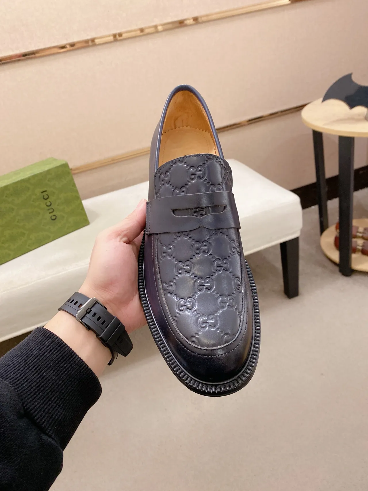 Gucci GG Marmont Loafer Navy Blue Monogram Leather Loafers