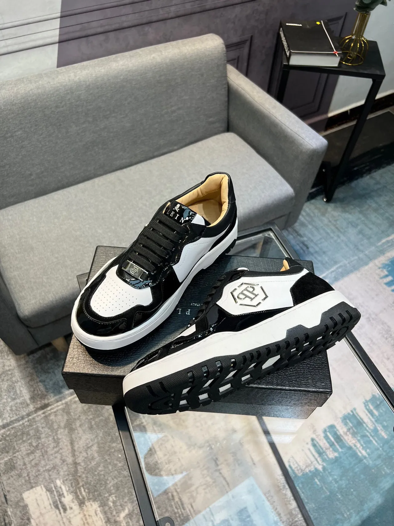 Philipp Plein Black White Panelled Upper Patent Leather Accents Lifestyle Sneakers
