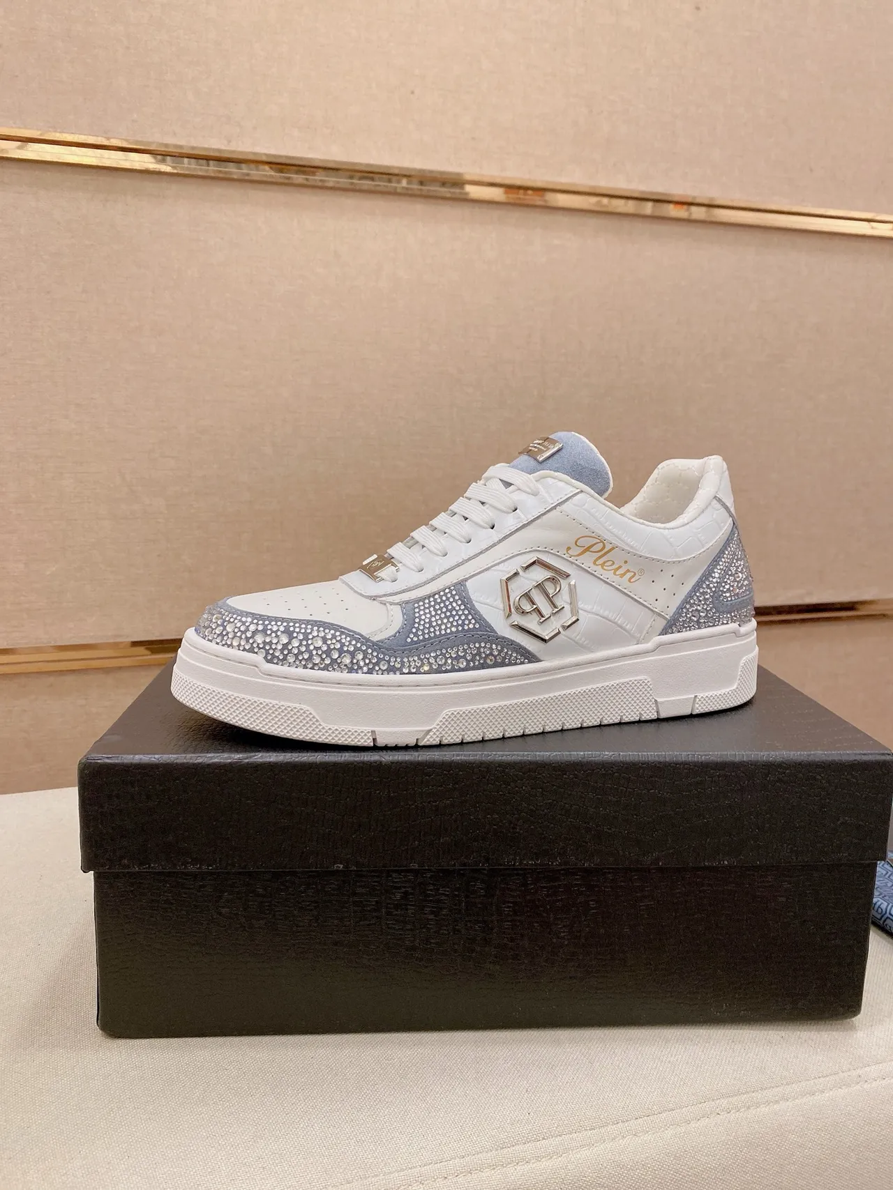 Philipp Plein Crystal-Embellished White and Light Blue Lifestyle Sneakers