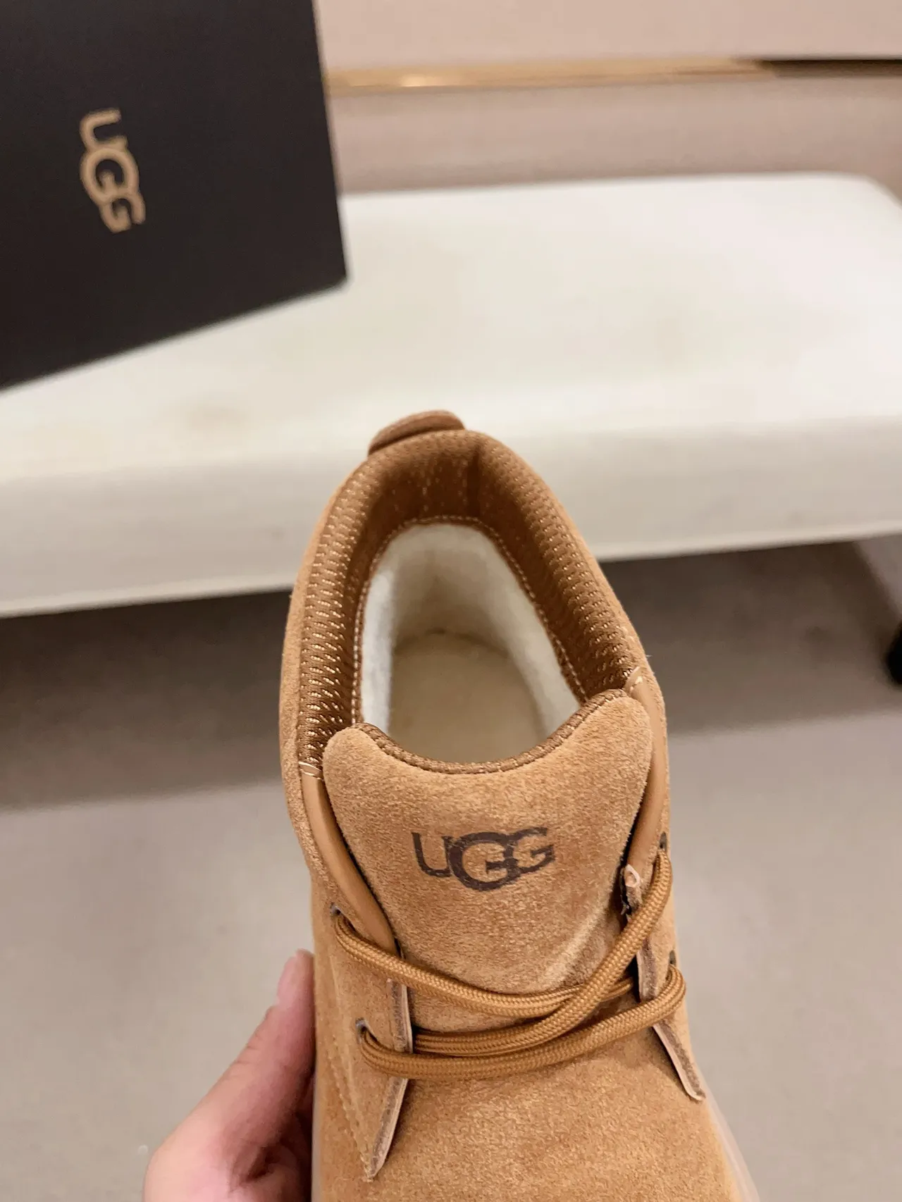 UGG Tasman Beige White Suede Upper Chunky Platform Sole Ankle Boots