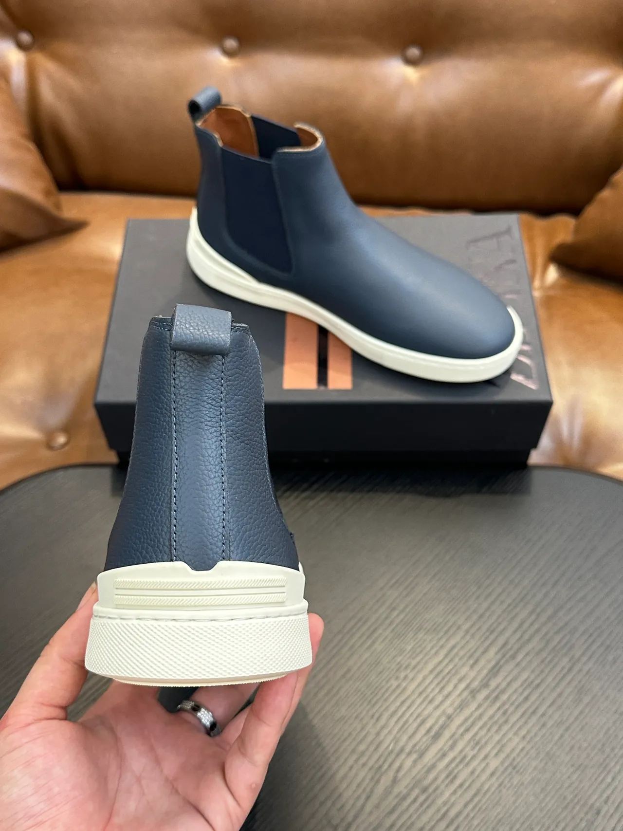 Zegna Blue White Textured Leather Upper Navy Elastic Side Gusset Chelsea Boots