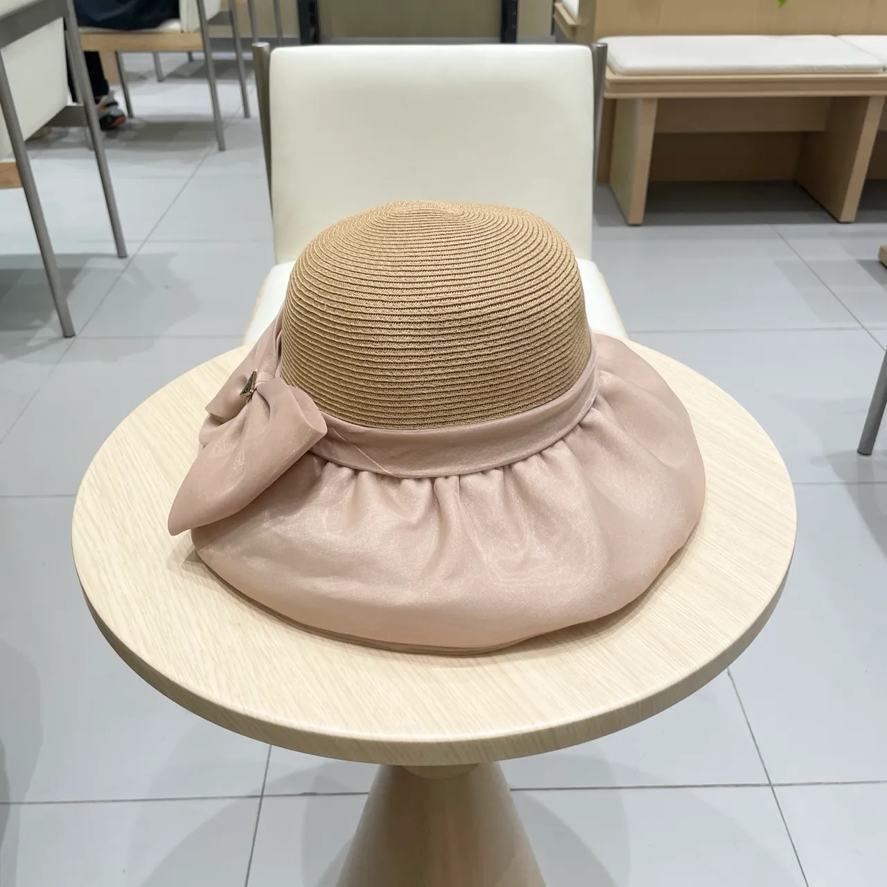 Prada Beige Pink Woven Straw Crown Wide Brim Fedora
