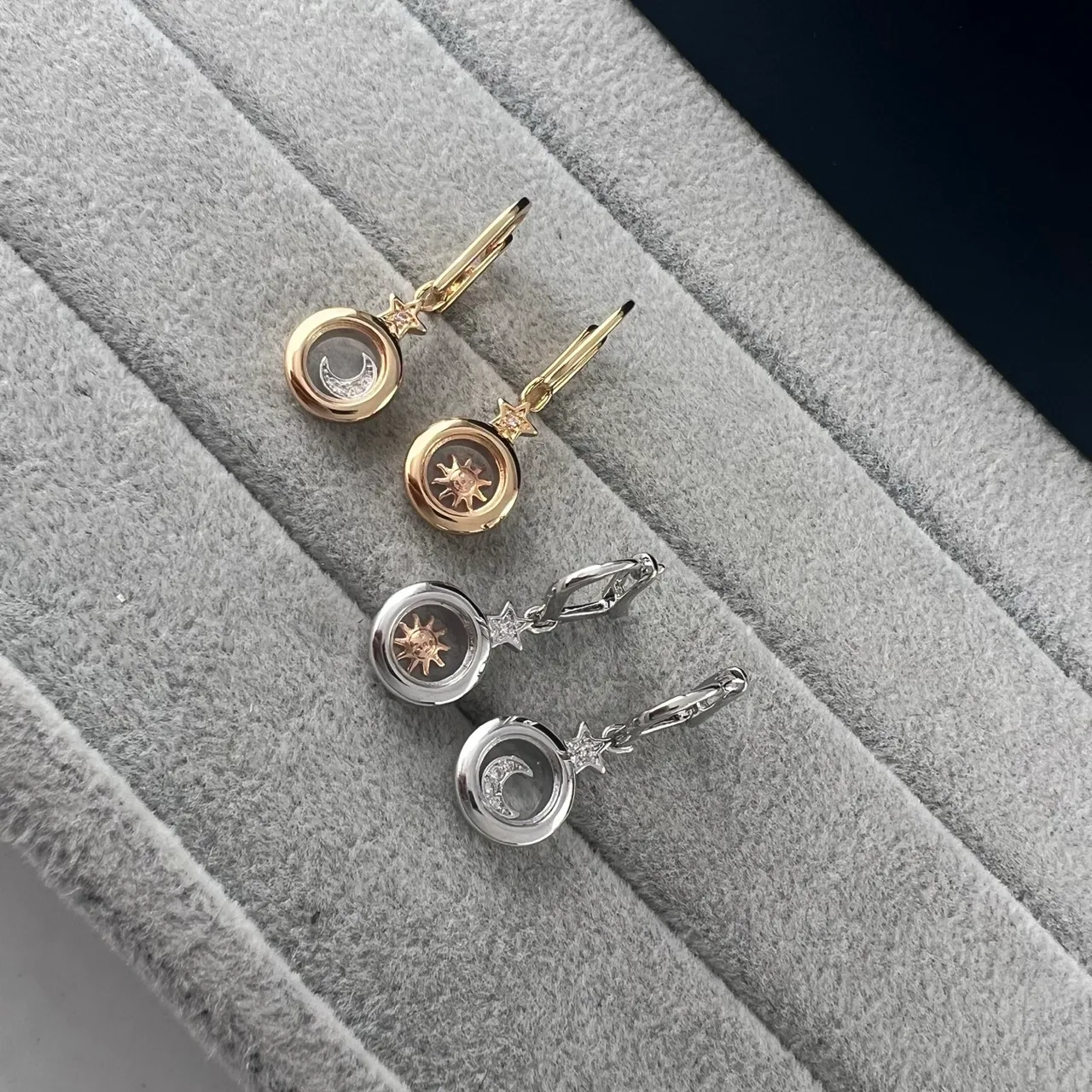 Sun and Moon Motif Crystal Dome Lever-Back Earrings