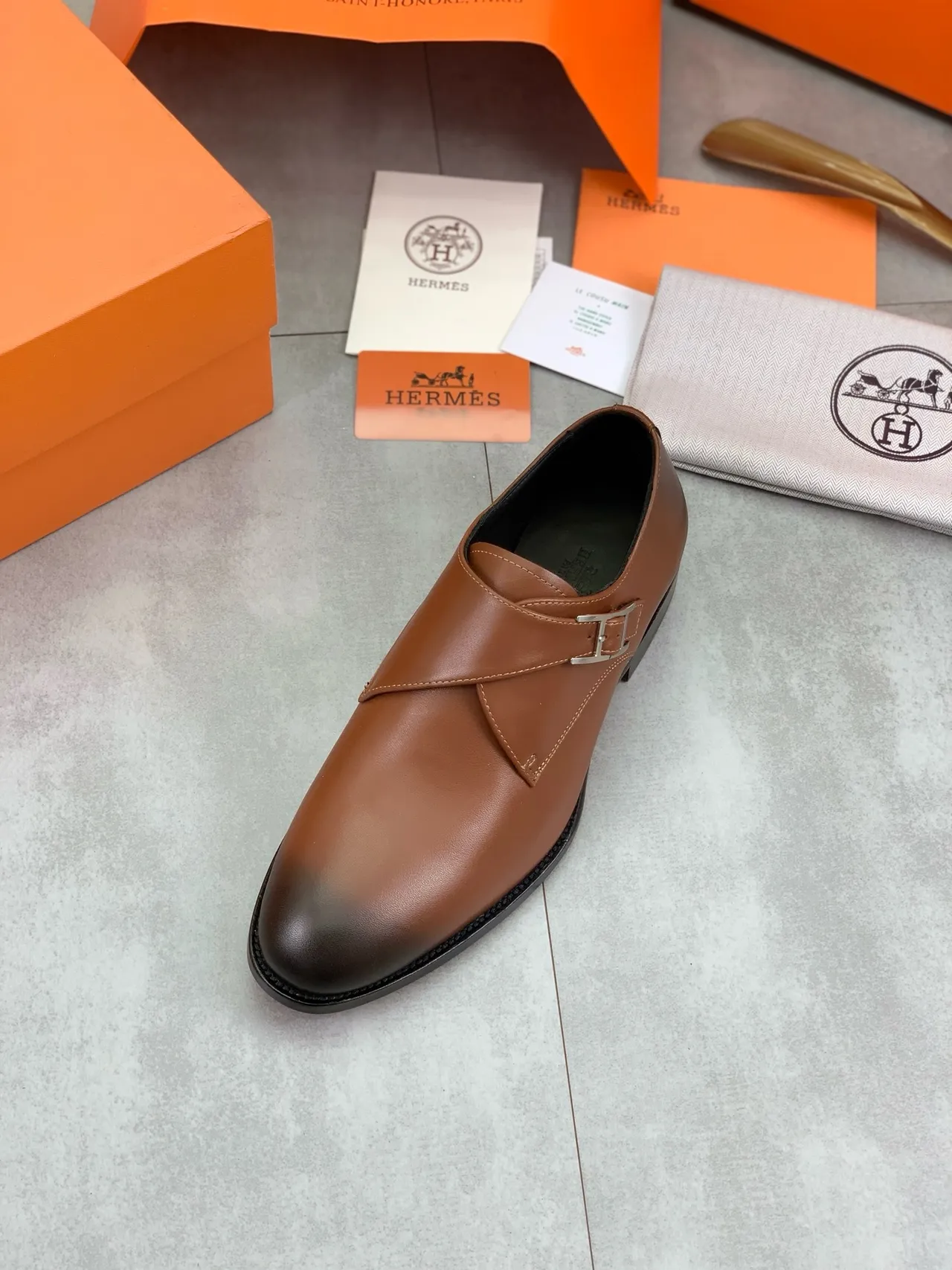 Hermès Brown Black Single-Strap Polished H-Buckle Monk Shoes