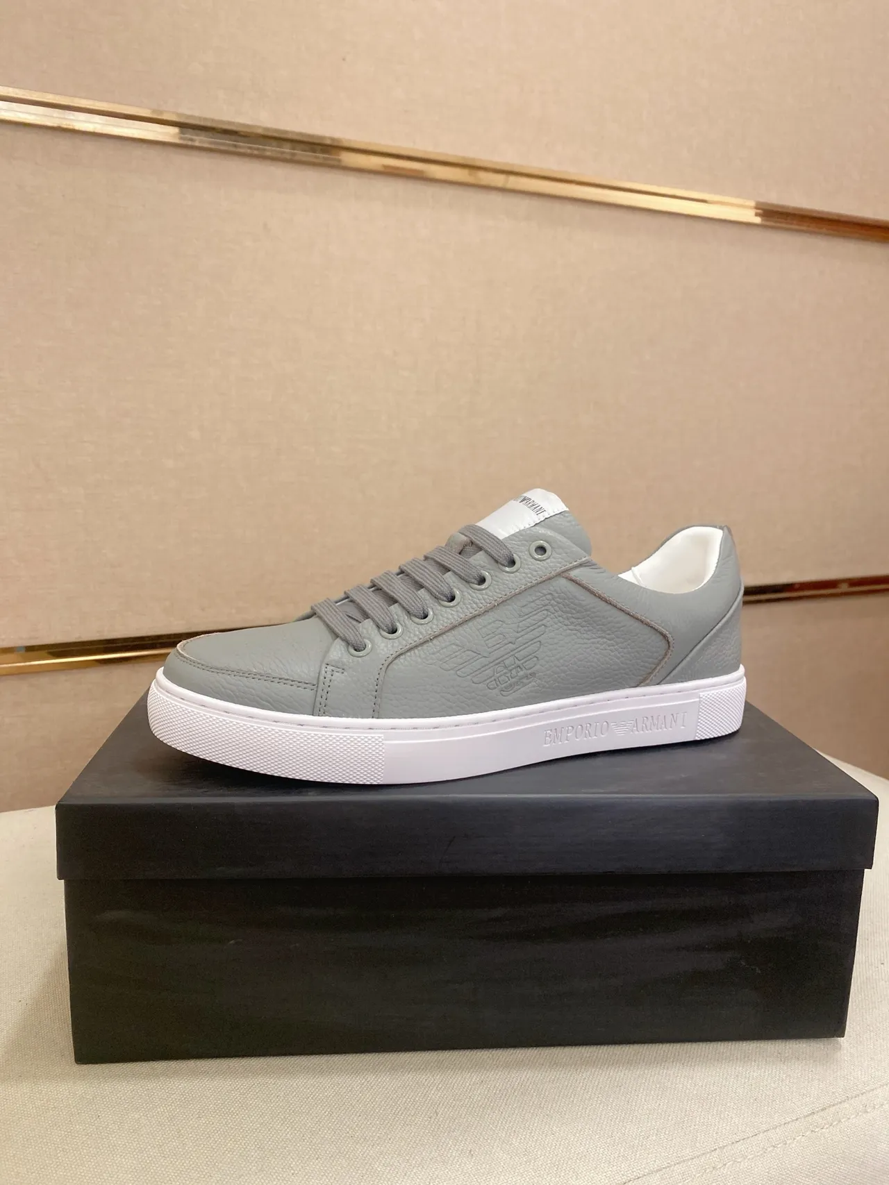 Emporio Armani Gray White Leather Upper Embossed Eagle Logo Sneakers