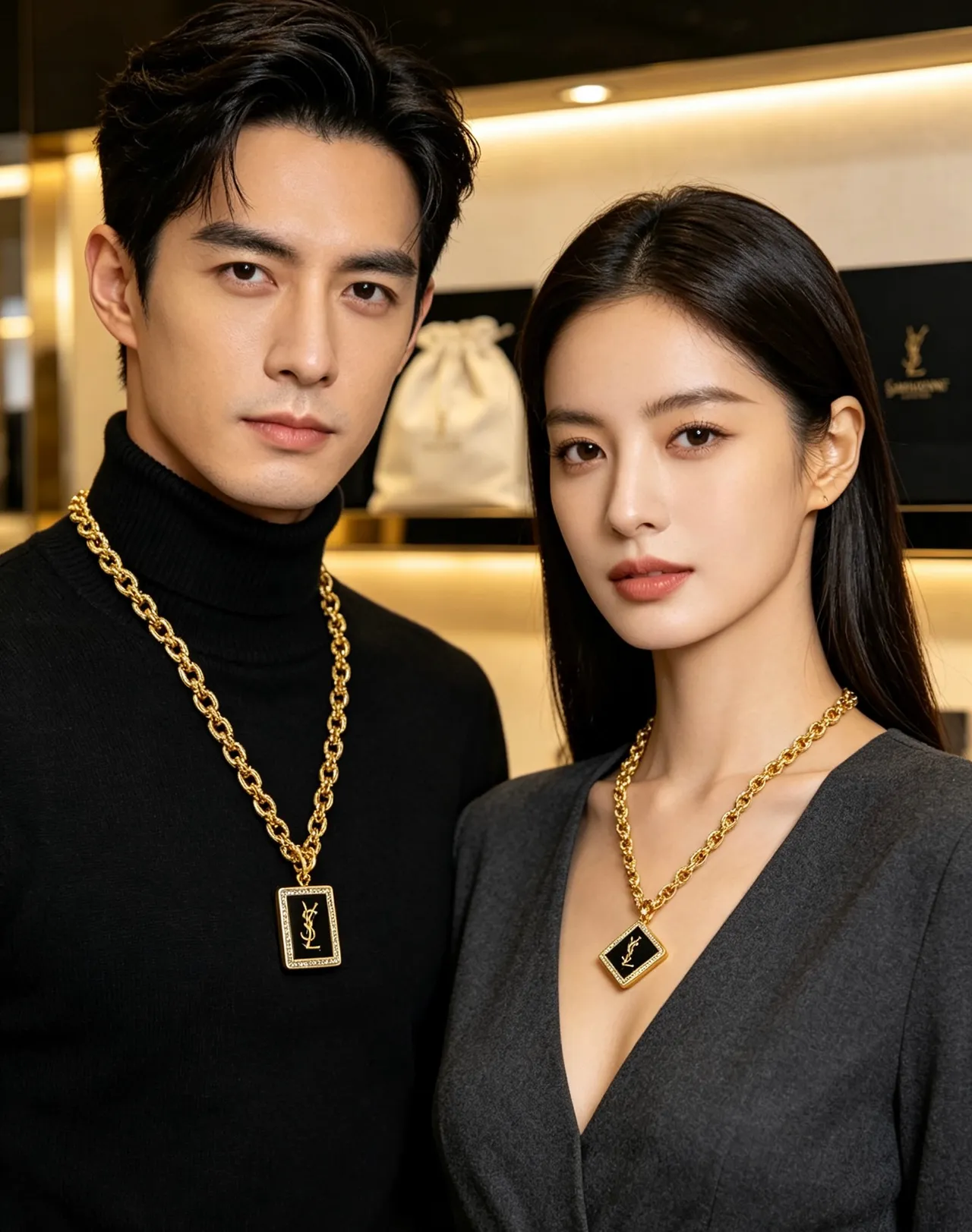 Saint Laurent Square Monogram Pendant Gold Black Curb Chain Enamel Necklace