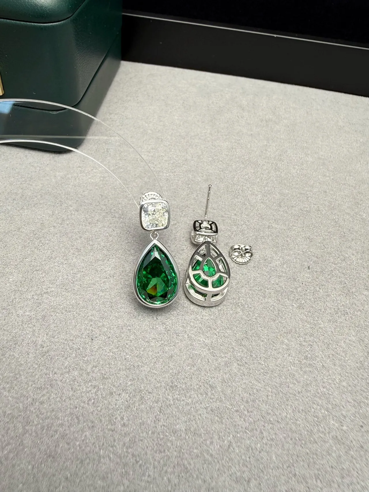 Two-Stone Teardrop Green and Clear Gem Drop Earrings