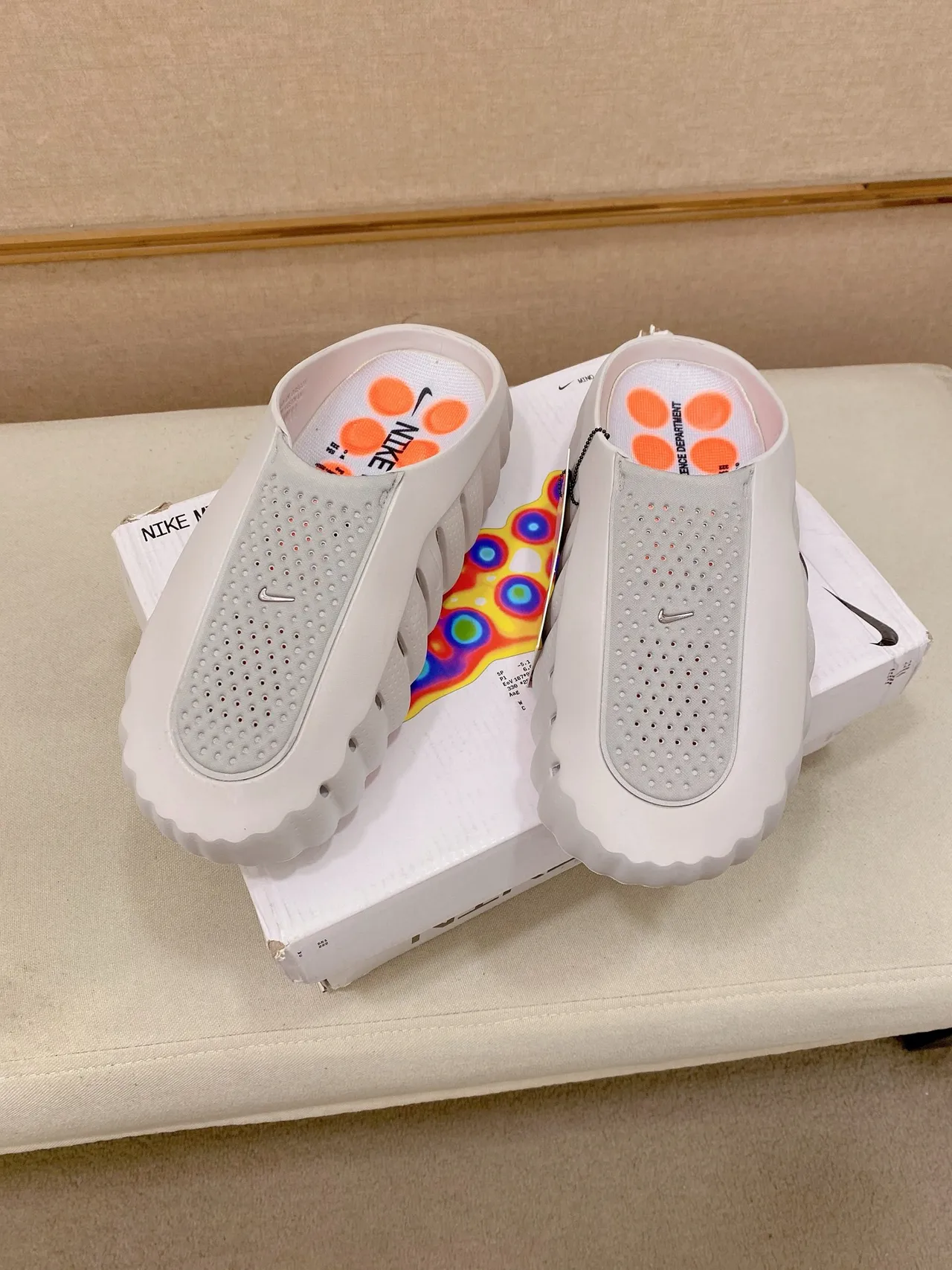 Nike Mind Orange White Molded Wavy Sole Perforated Strap Upper Slippers