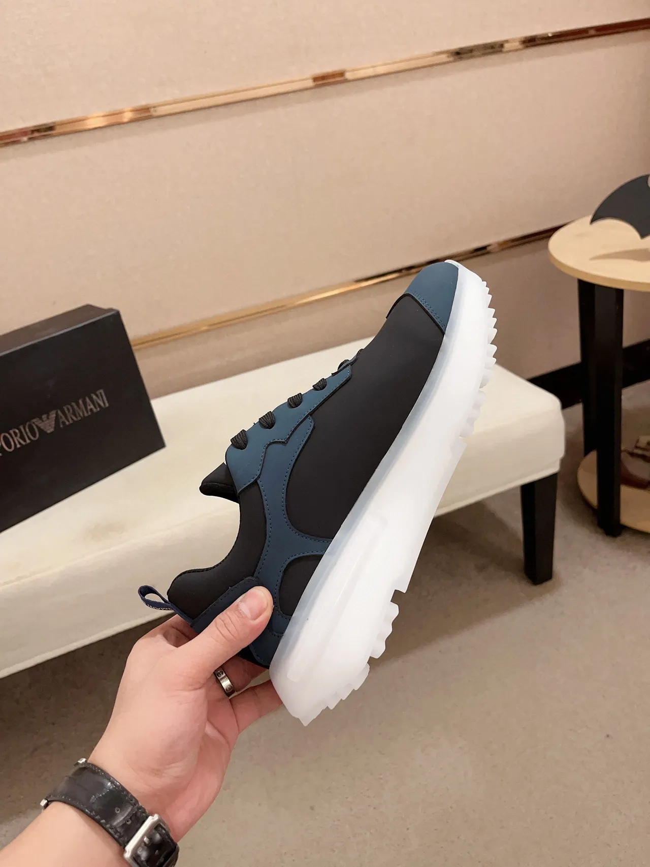 Armani Exchange Navy Black Mixed-Material Upper Sculpted Translucent Sole Sneakers