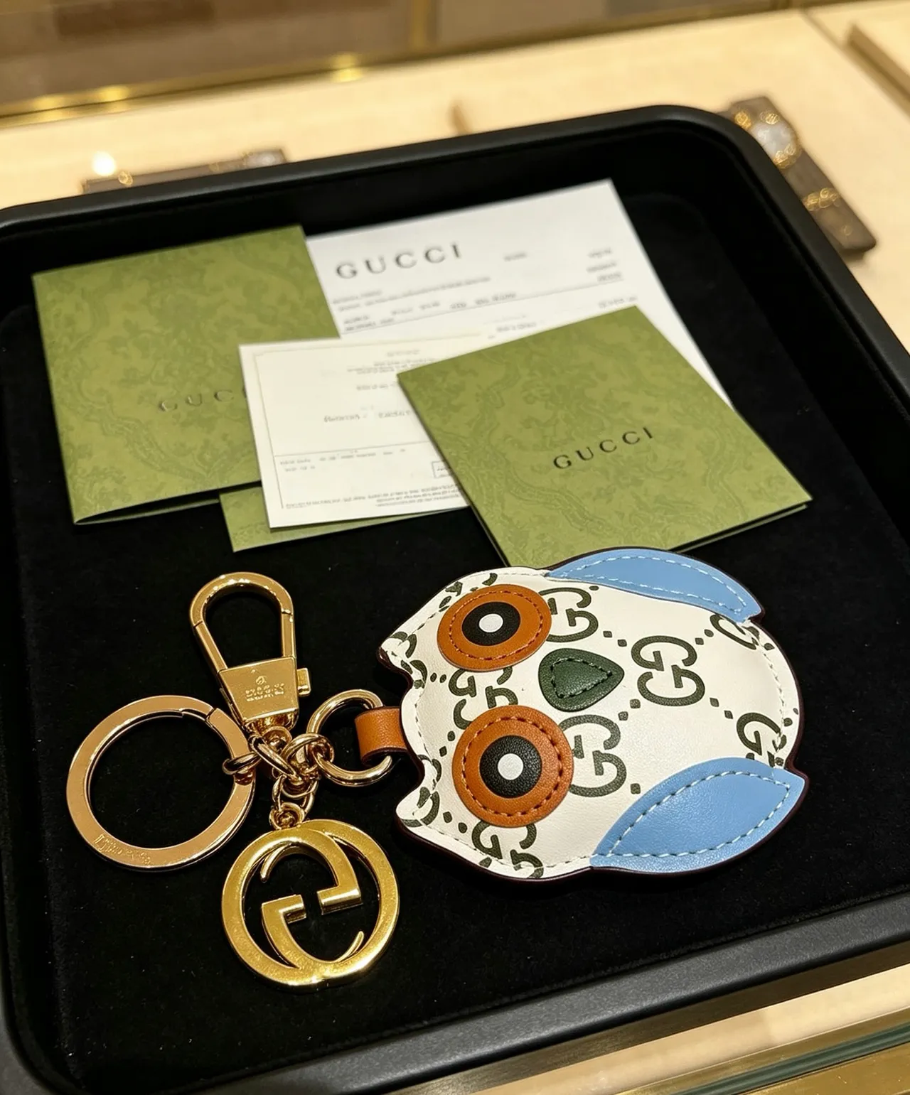 Gucci White Blue Owl-Shaped GG Monogram Leather Phone Case