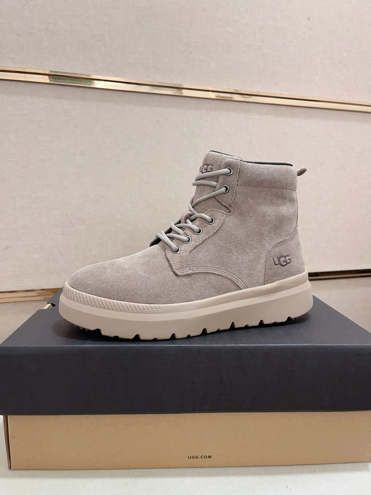 UGG Gray Beige Suede Upper Lace-Up Front Work Boots