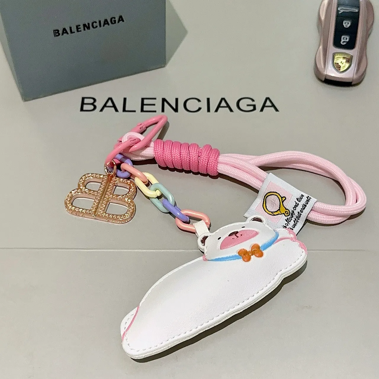 Balenciaga White Pink Leather Bear Charm Pastel Multicolor Chain Handbag