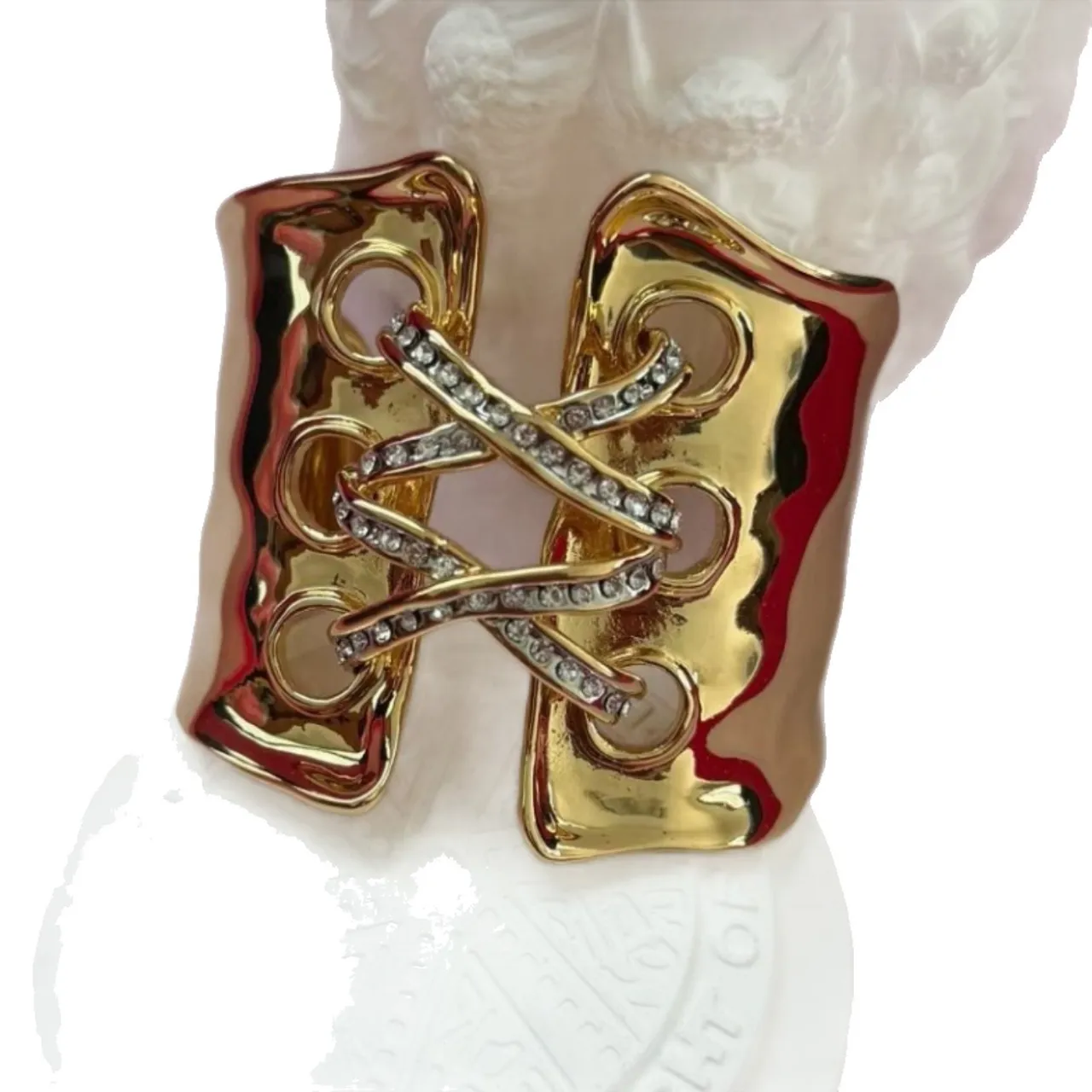 Gold-Tone Red Enamel Pavé Crystal Sculptural Openwork Ring