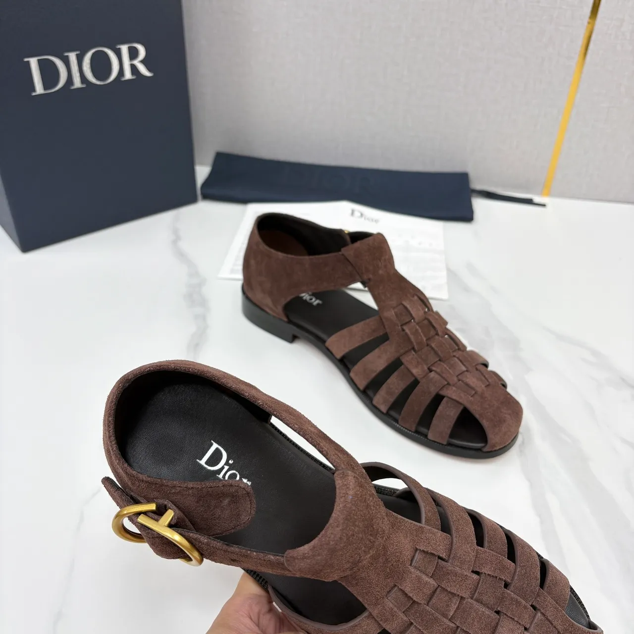 Dior Brown Black Woven Suede T-Strap Gladiator Sandals