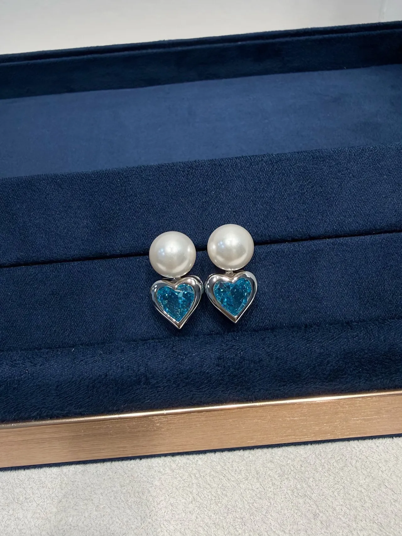Pearl and Blue Heart Gemstone Stud Earrings