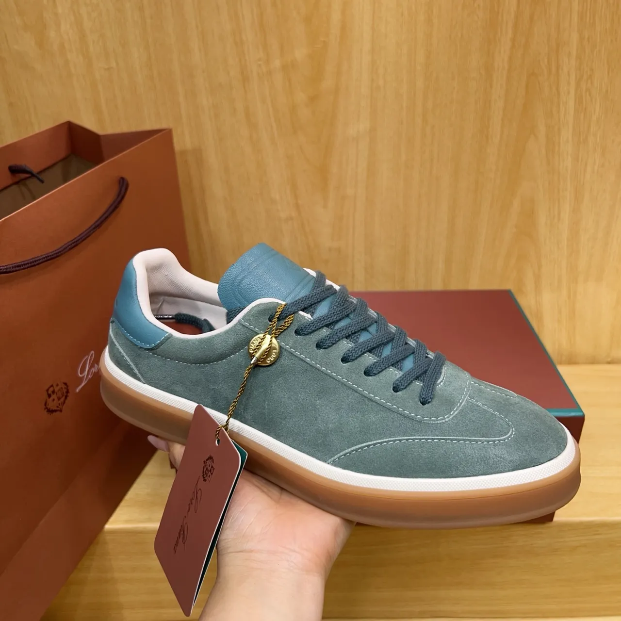 Loewe Green Blue Suede Upper Two-Tone Color Blocking Sneakers