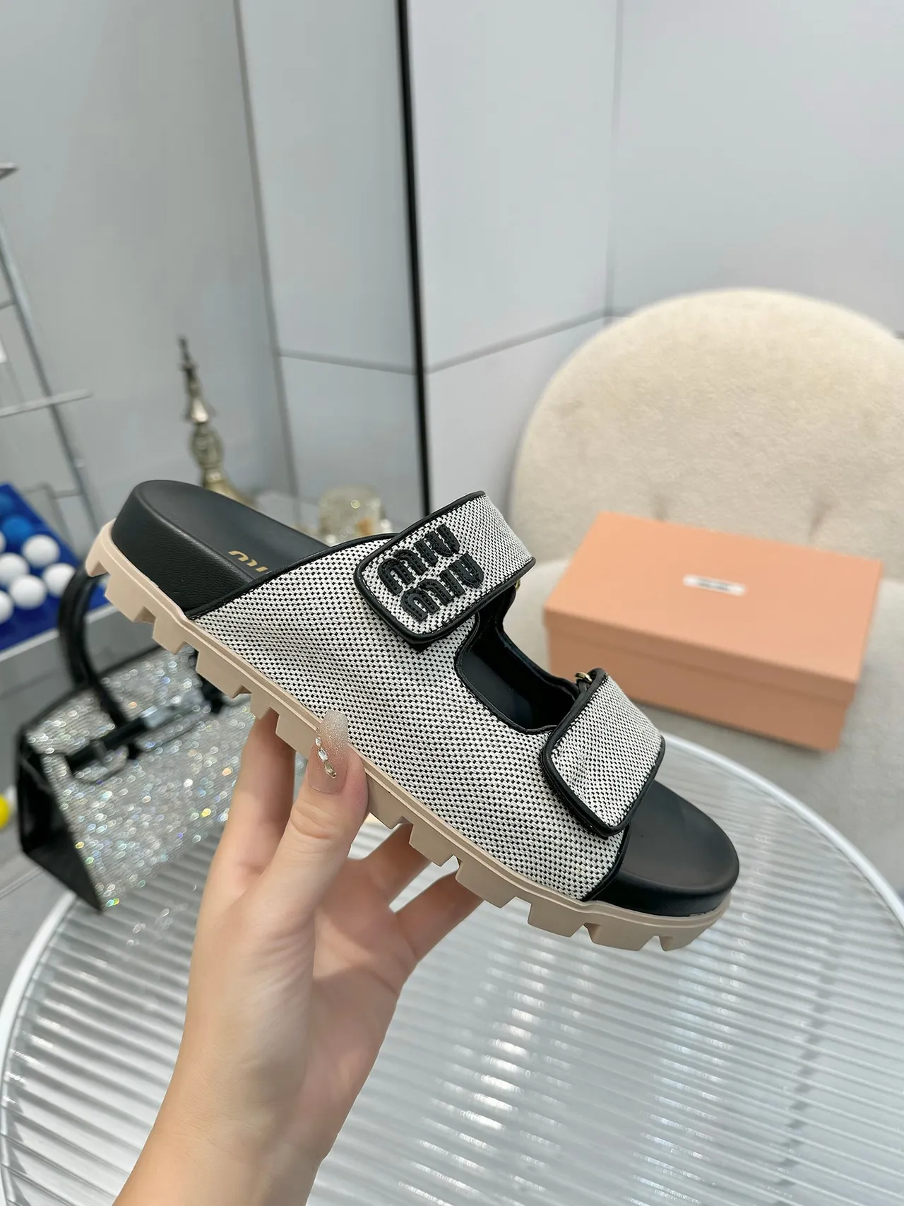 Miu Miu Wander Double-Strap Woven Mesh Slippers