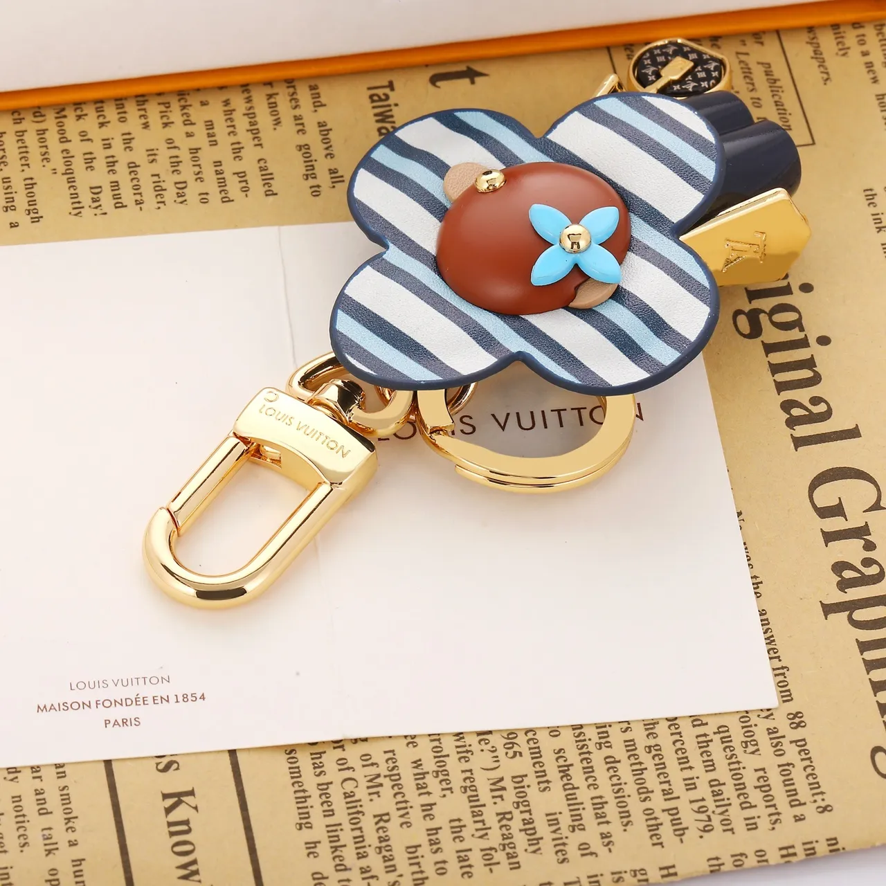Louis Vuitton Flower Charm Blue Brown Striped Leather Gold-Tone Hardware Handbag