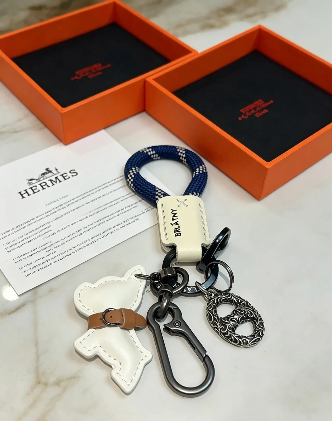 Hermès Dog Charm Keychain White Navy Leather Rope Loop Handbag