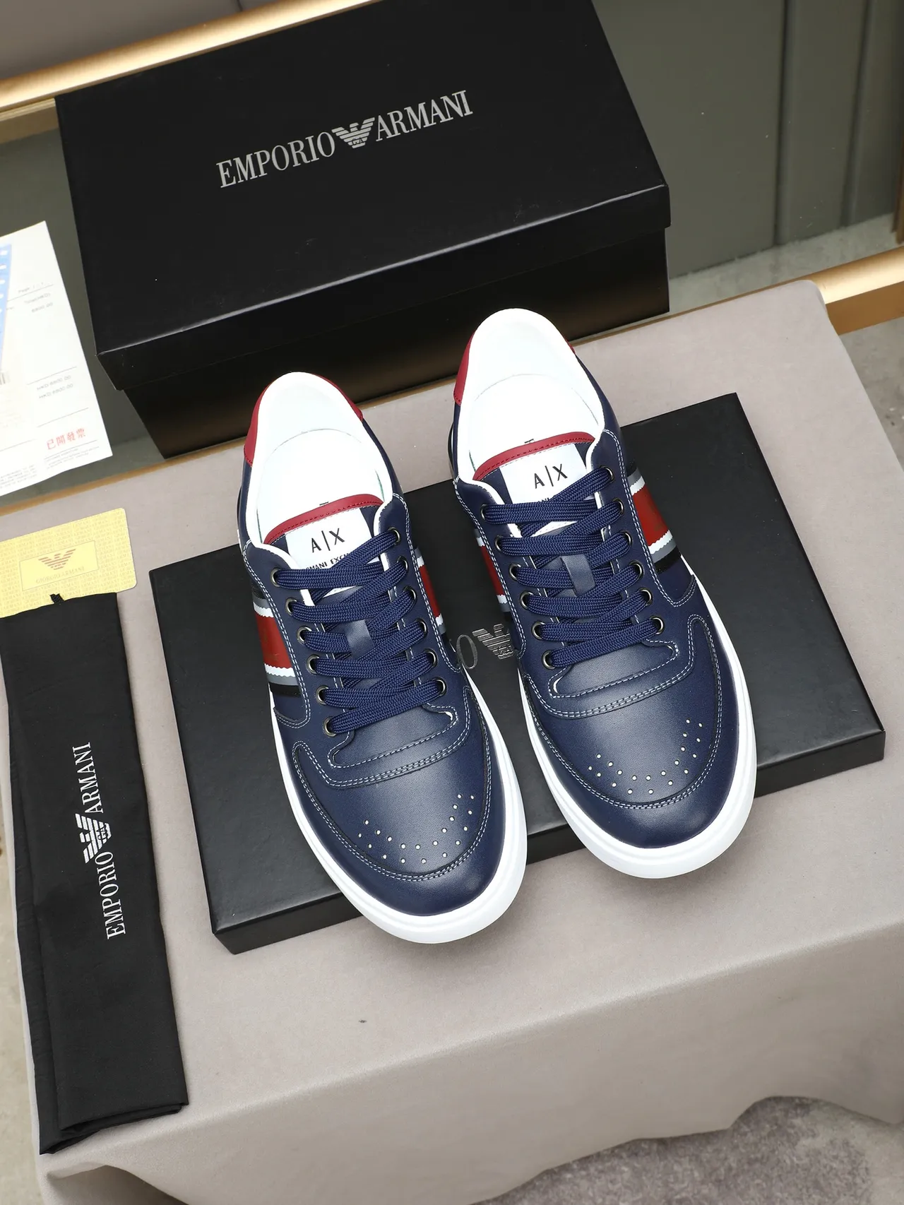 Armani Exchange Navy and Red Side Stripe Leather Sneaker