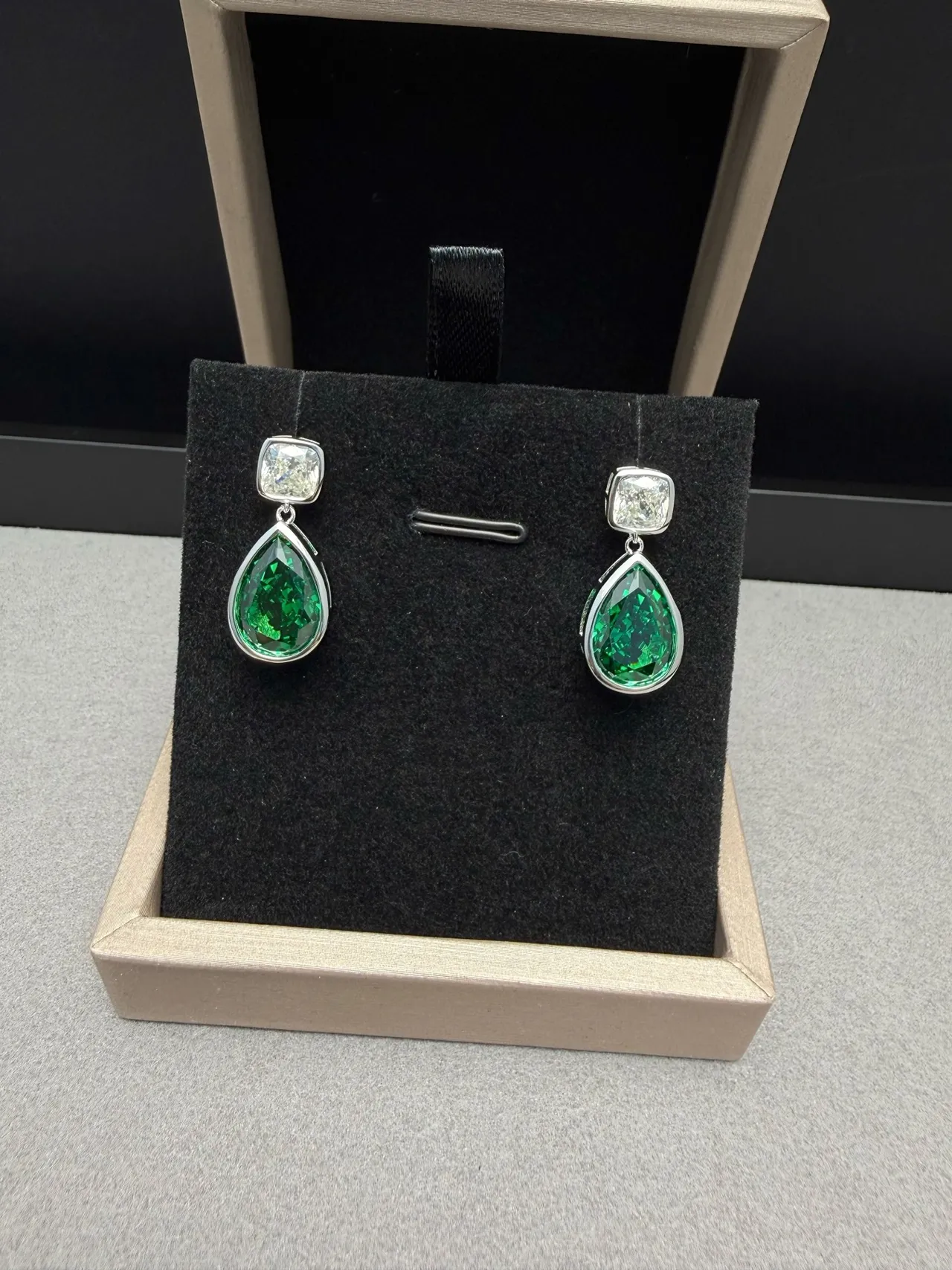 Two-Stone Teardrop Green and Clear Gem Drop Earrings
