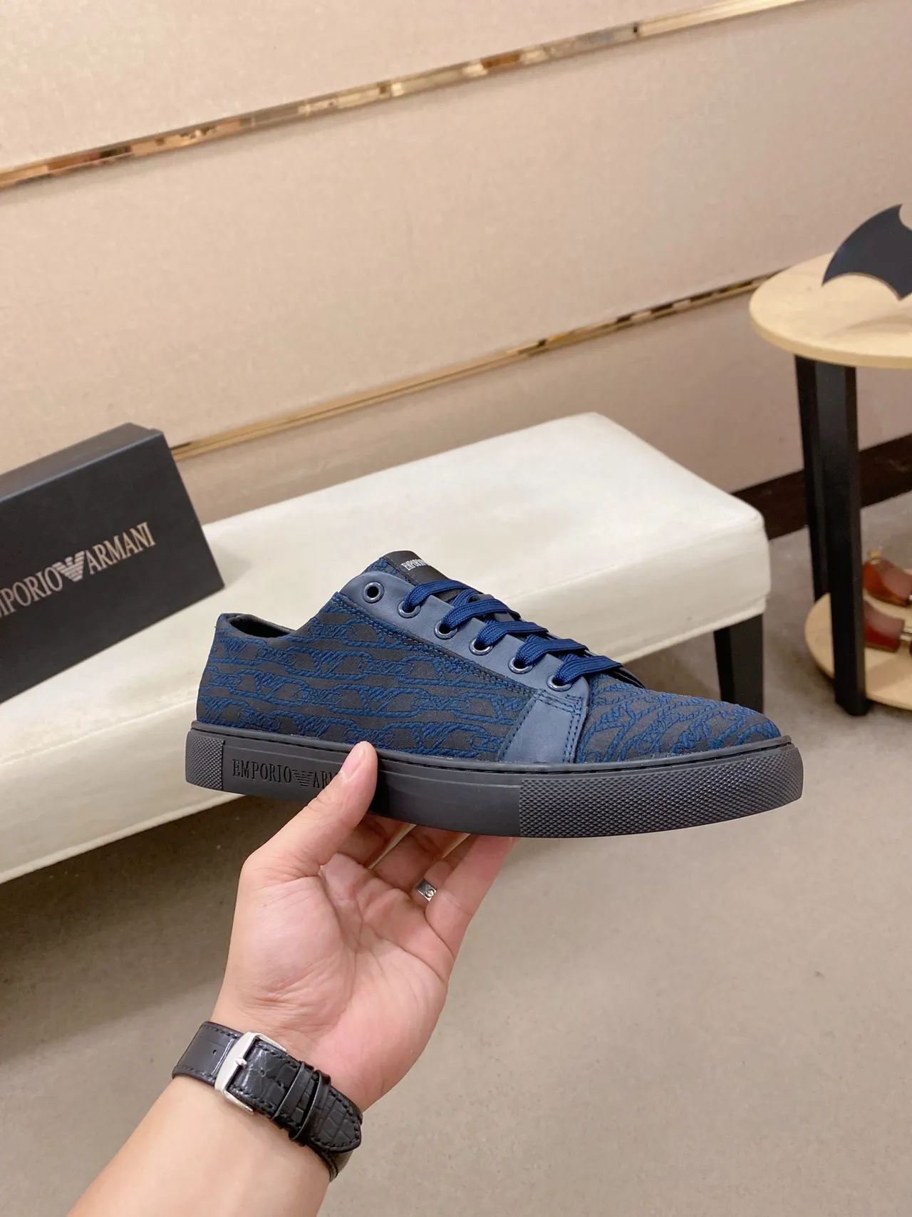 Emporio Armani Navy Jacquard Low-Top Lifestyle Sneakers
