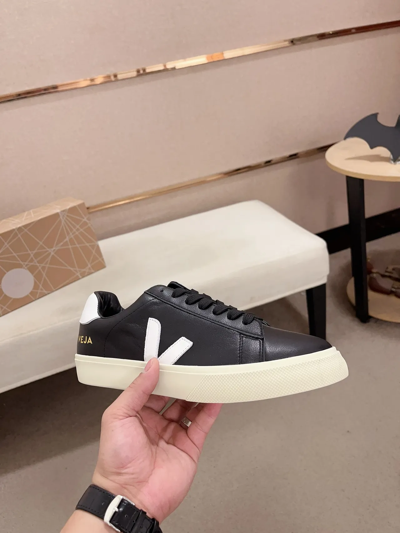 VEJA Black White Leather Upper V Logo Lifestyle Sneakers