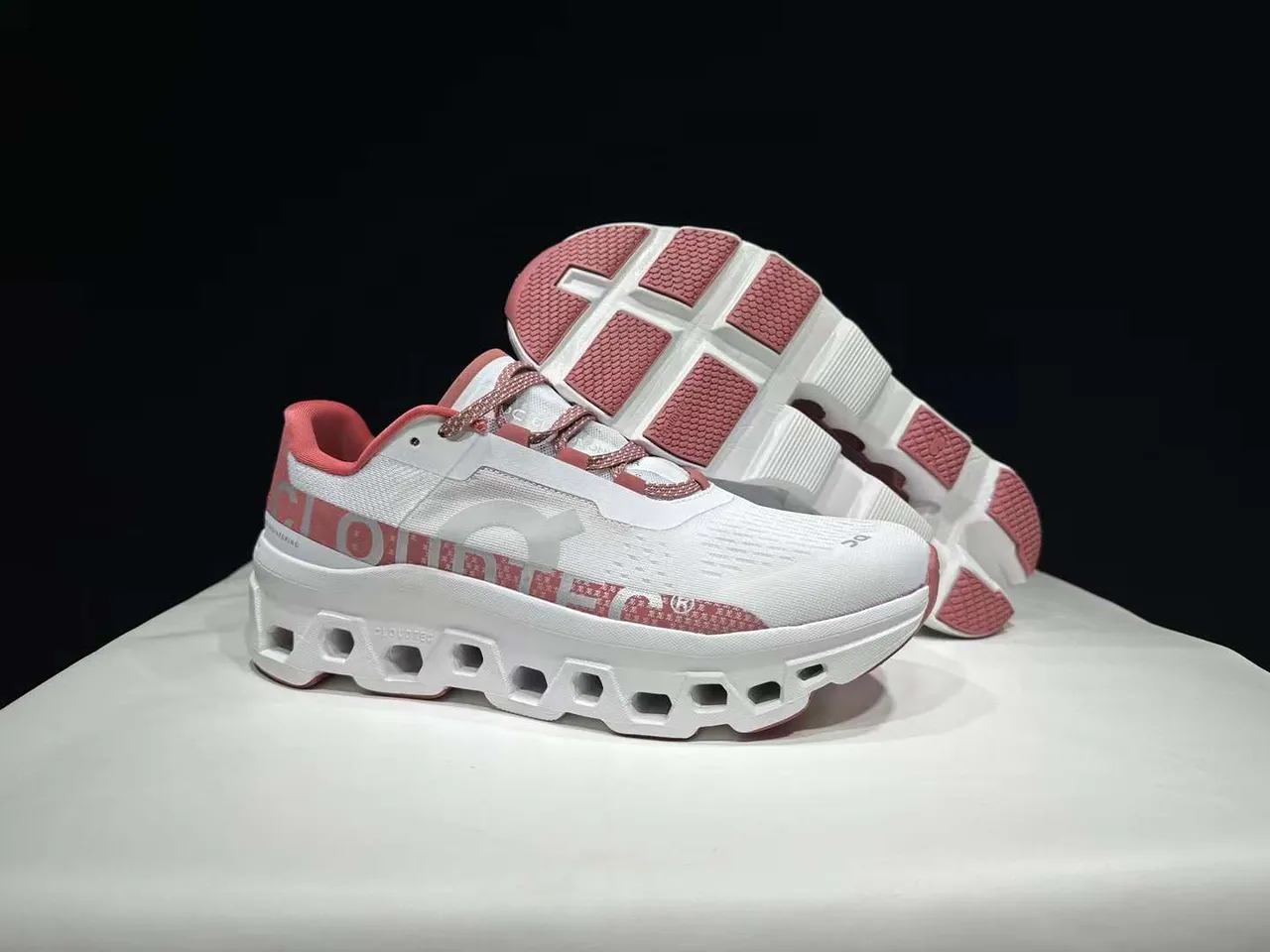 On Cloudmonster White Pink Running Shoes