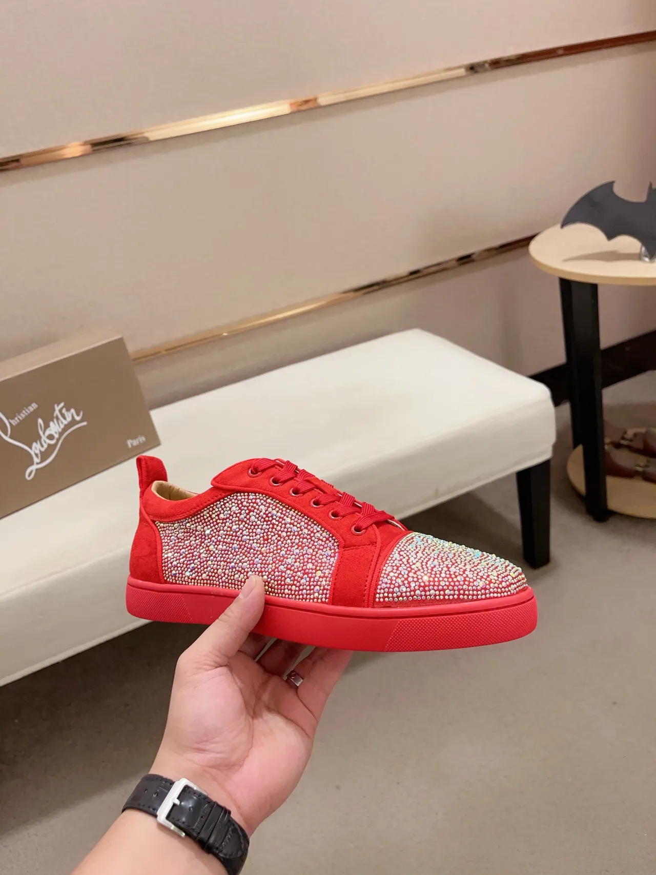 Christian Louboutin Louis Crystal-Embellished Red Suede Lifestyle Sneakers