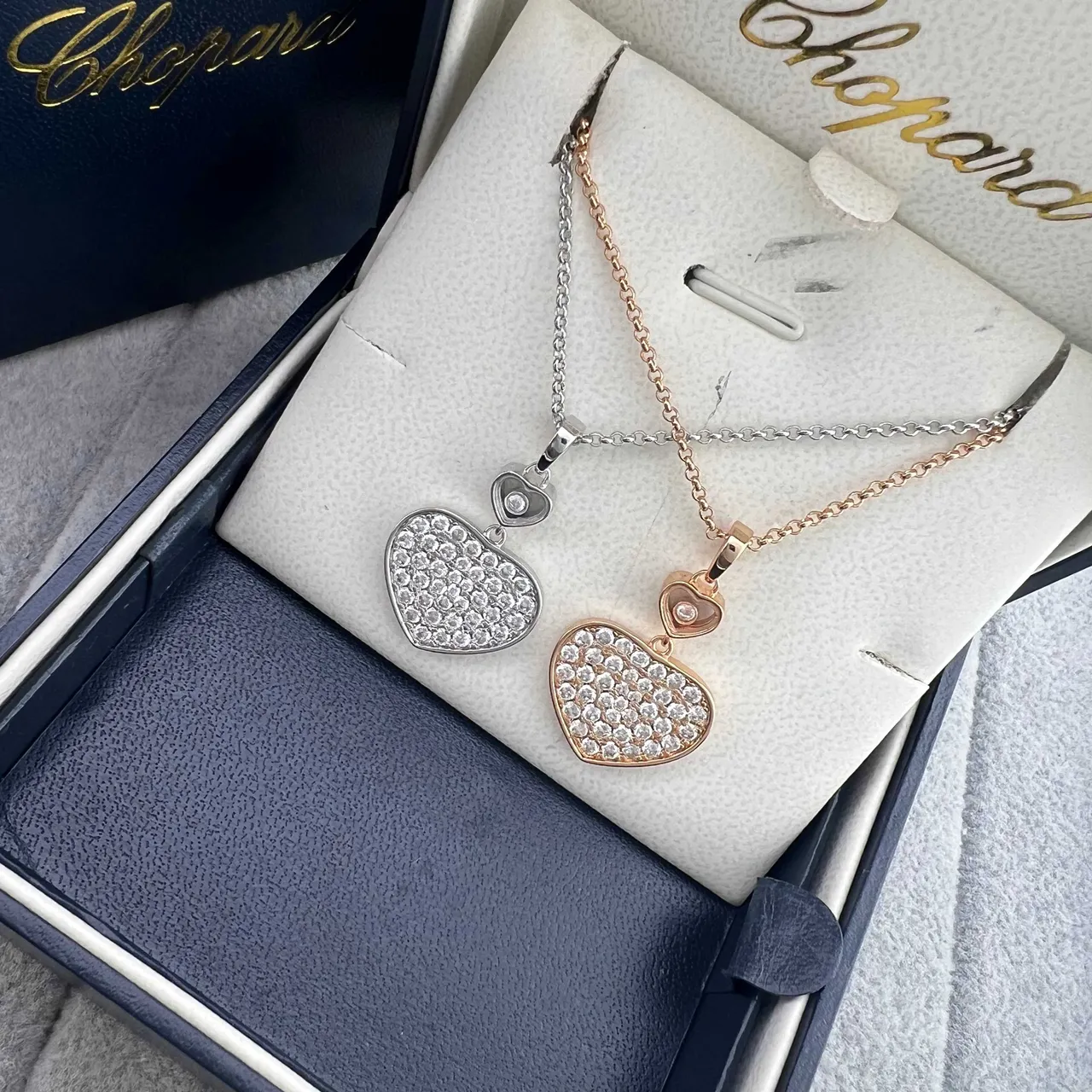 Chopard Happy Hearts Gold Silver Pavé-Set Heart Pendants Floating Motif Necklace