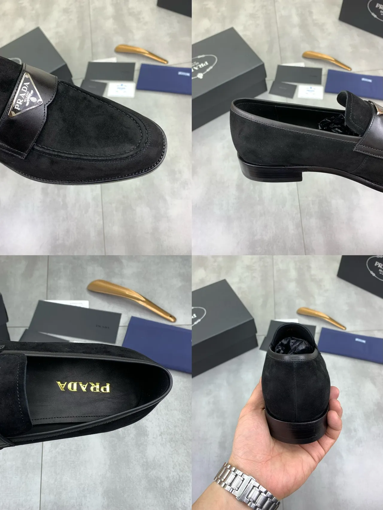 Prada Loafer Black Suede Upper Leather Strap Loafer