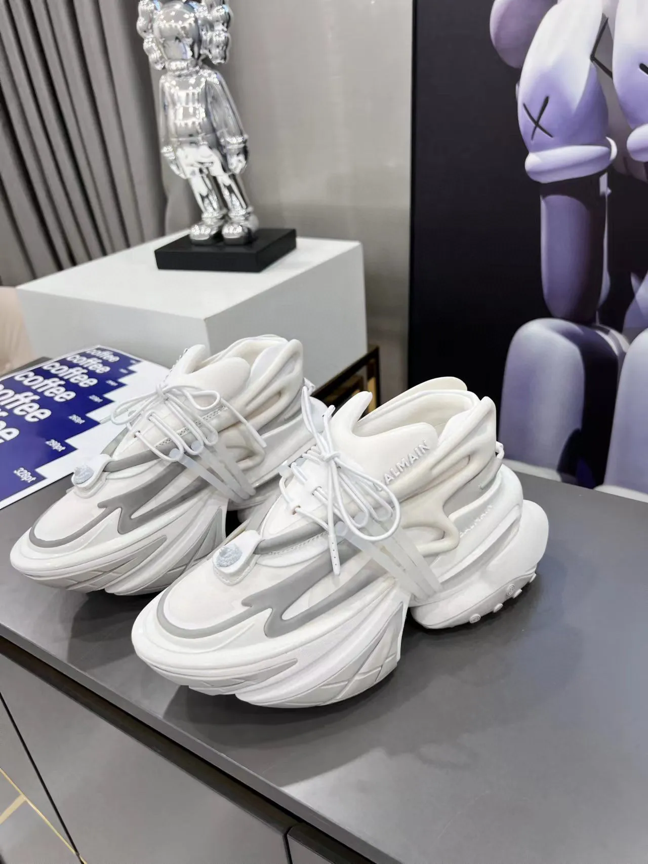 Balmain White Gray Sculpted Sole Asymmetrical Lacing Chunky Sneakers