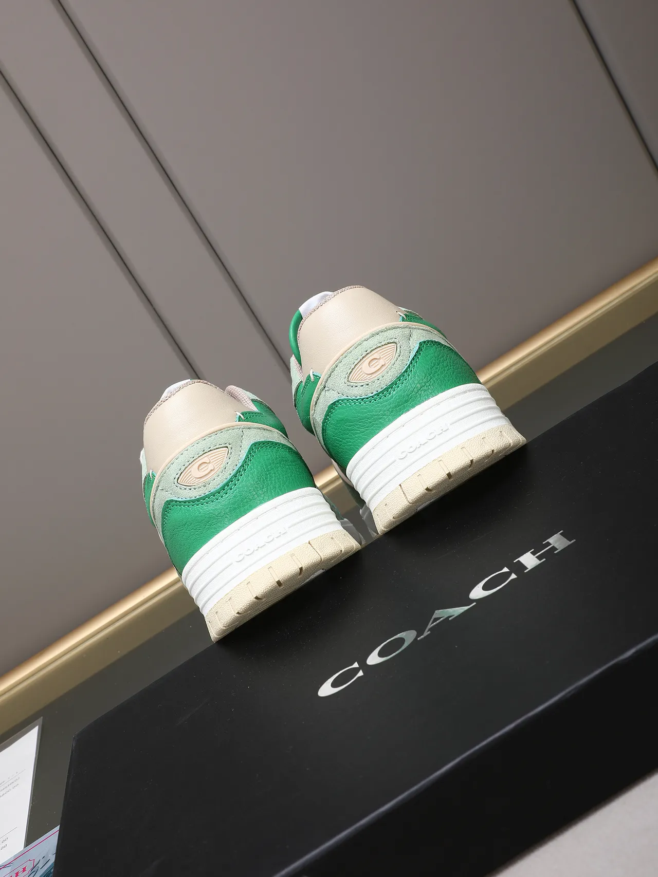 Coach Green Beige Layered Leather And Suede Upper Embossed C Logo Sneakers