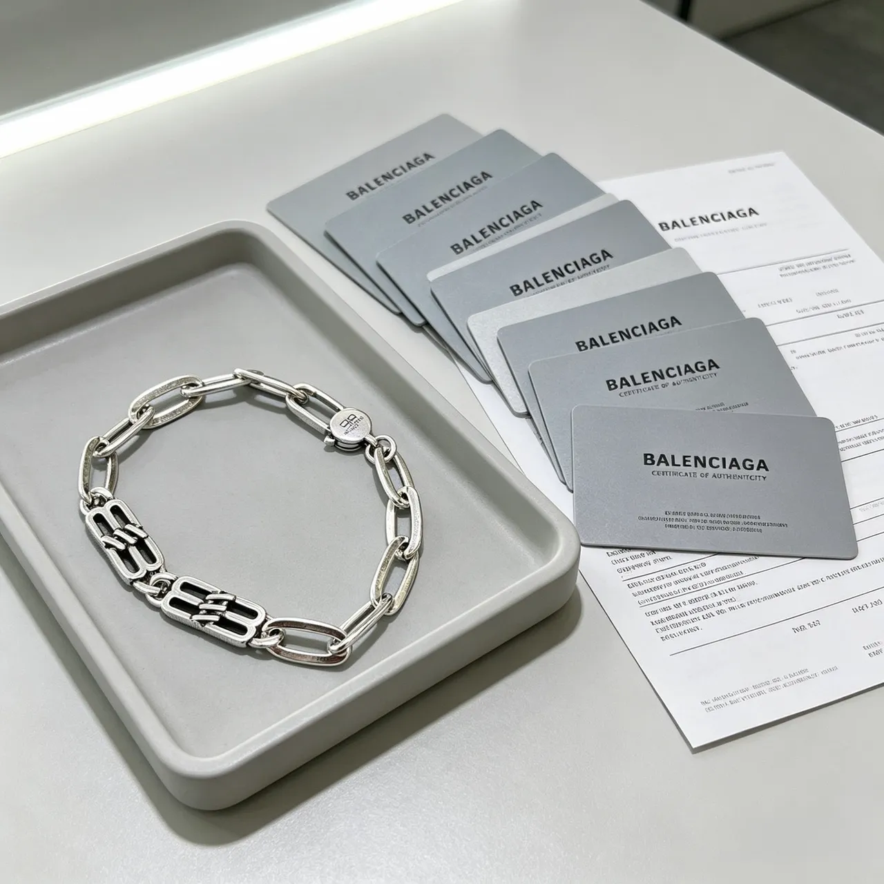 Balenciaga Logo Charm Chunky Link Silver Bracelet