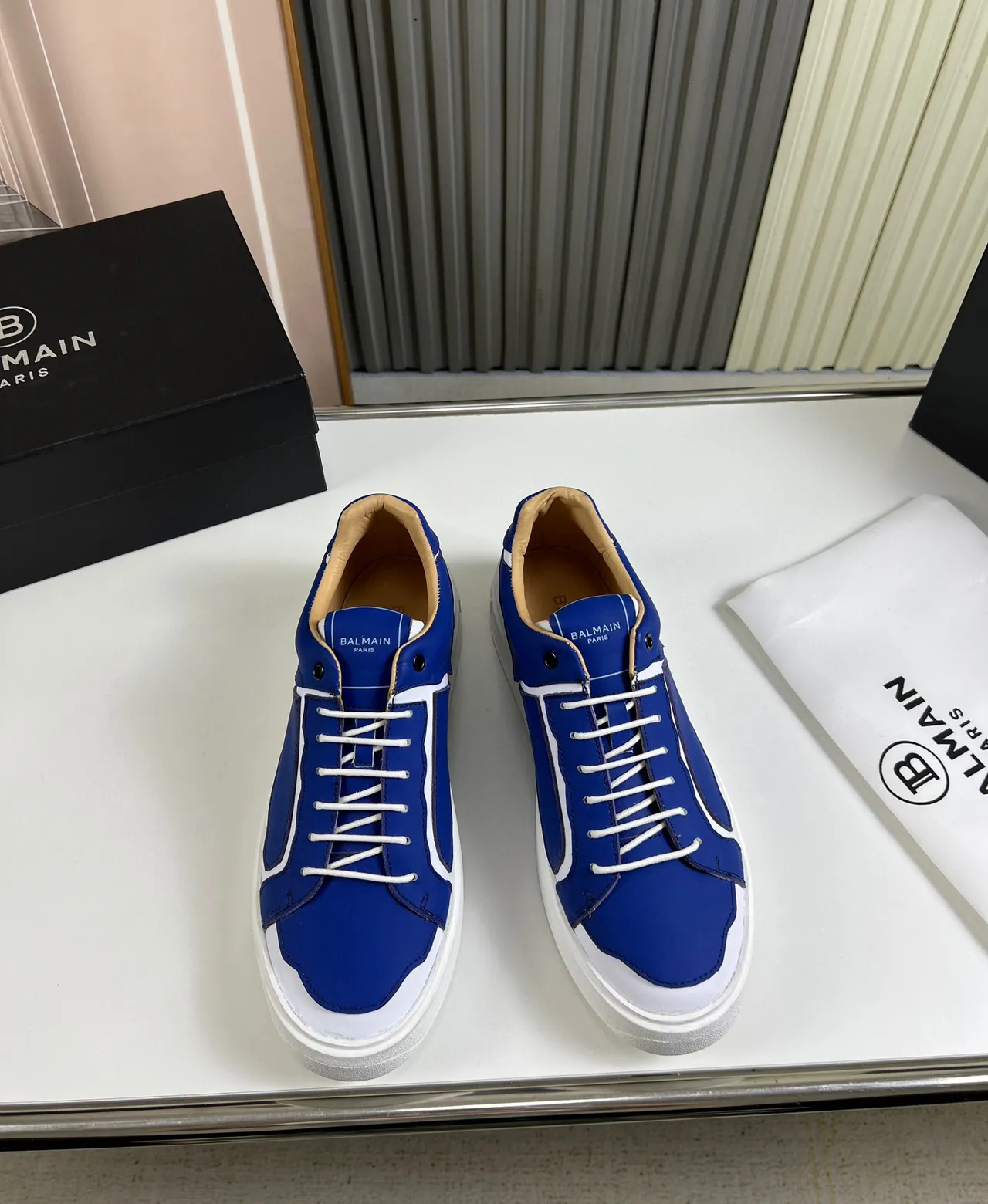 Balmain Blue White Low-Top Leather-Panelled Lifestyle Sneakers