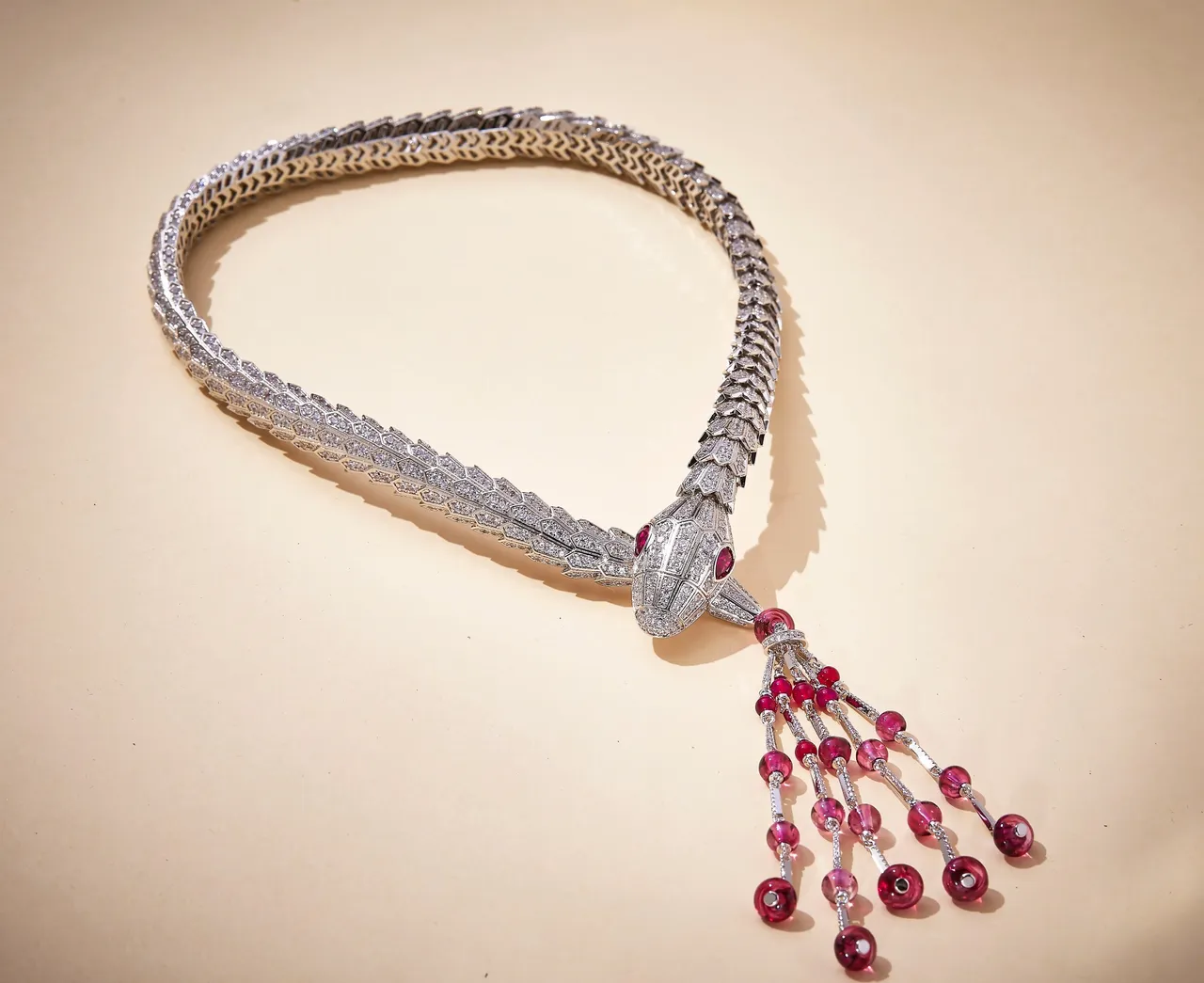 Bvlgari Serpenti Silver Multicolor Serpent Motif Pavé Diamond Setting Necklace
