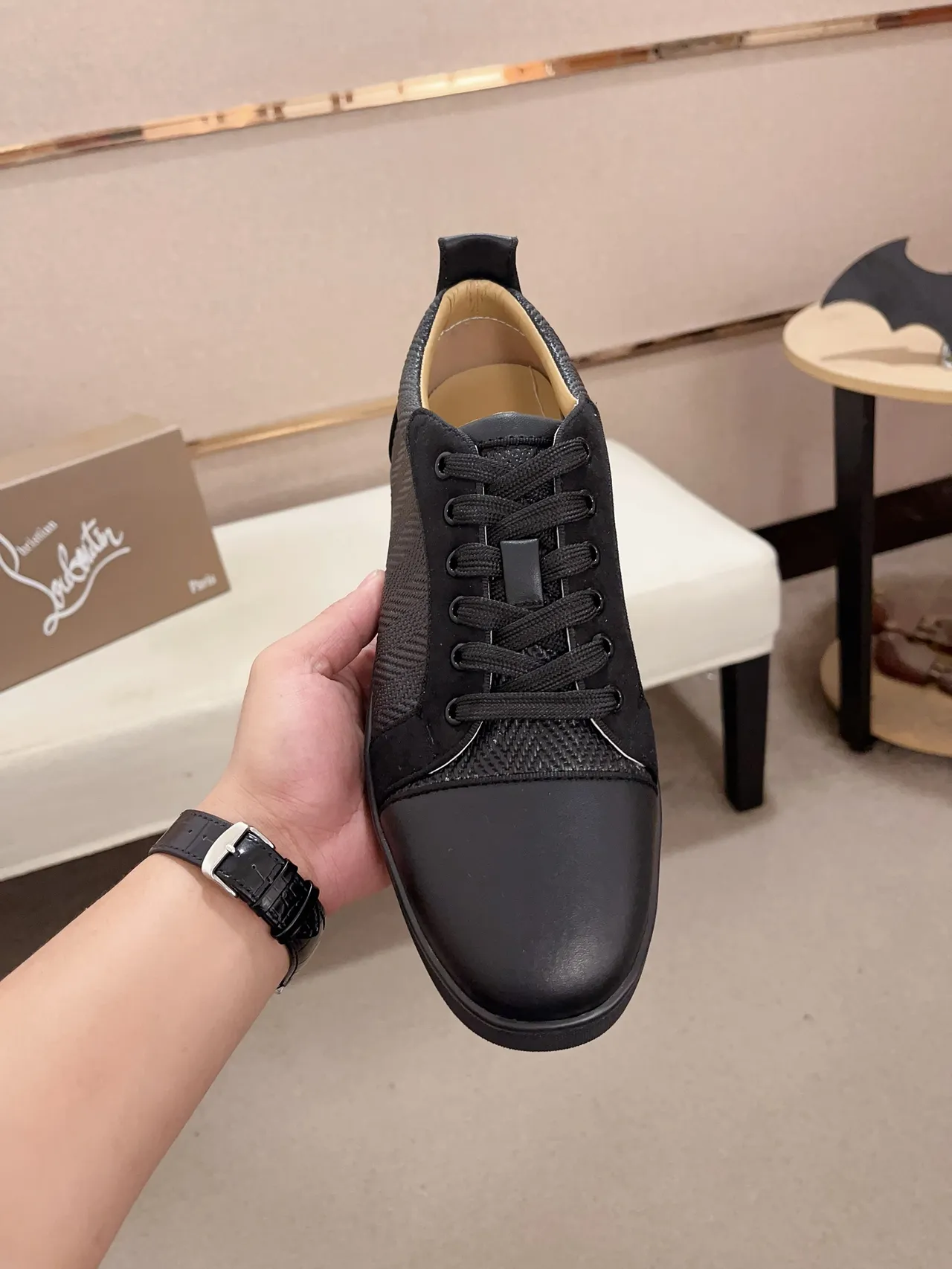 Christian Louboutin Black Beige Cap-Toe Woven Textile Upper Lifestyle Sneakers