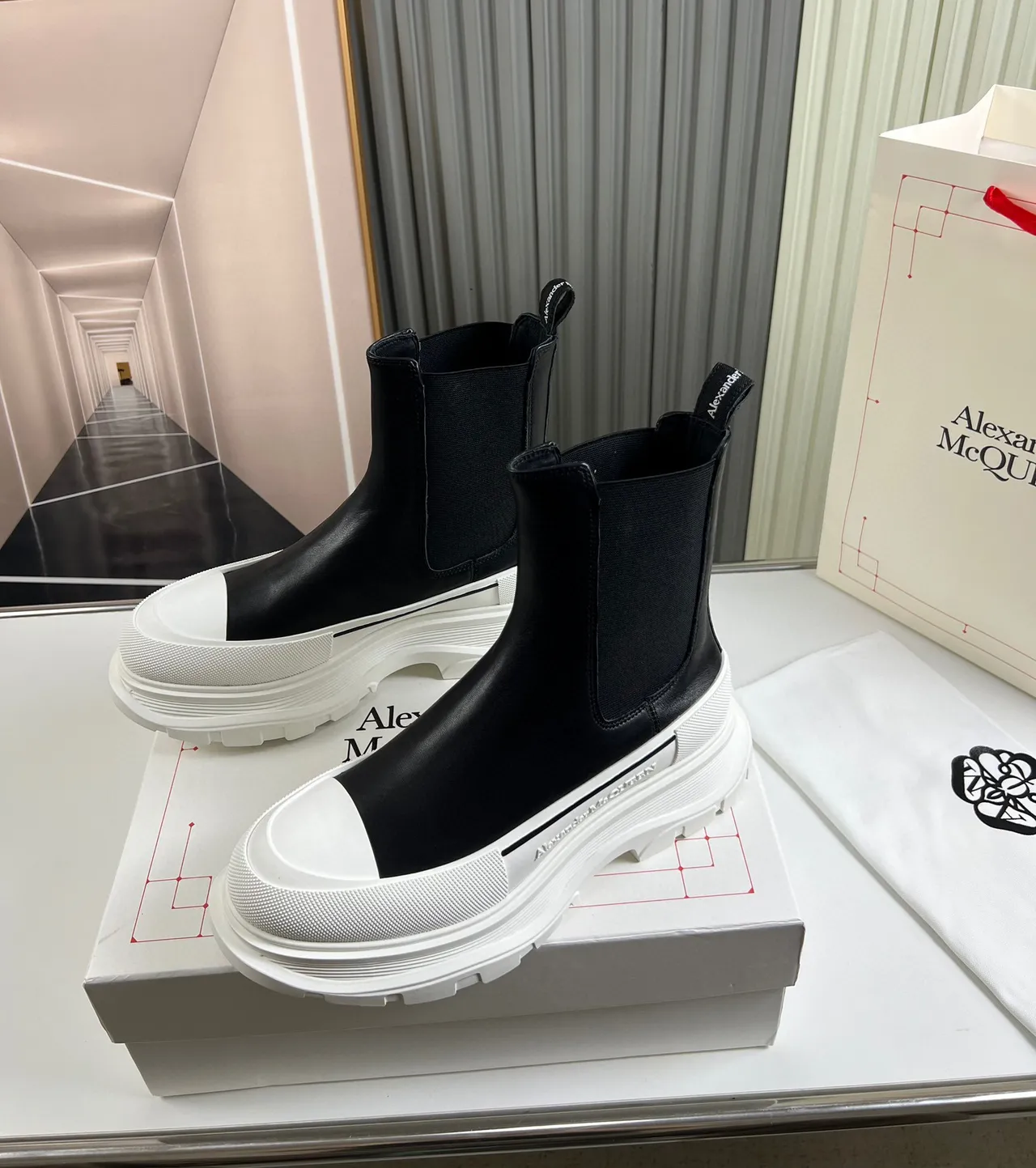 Alexander McQueen Black White Chunky Platform Sole Elastic Side Panels Chelsea Boots