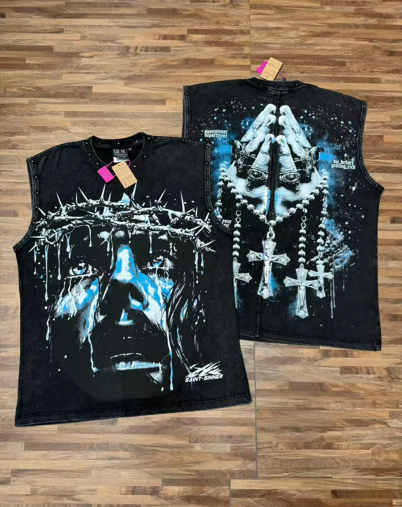 SAINT-SINNER Burgundy Black Graphic-Print Studded Shoulders Vest Top