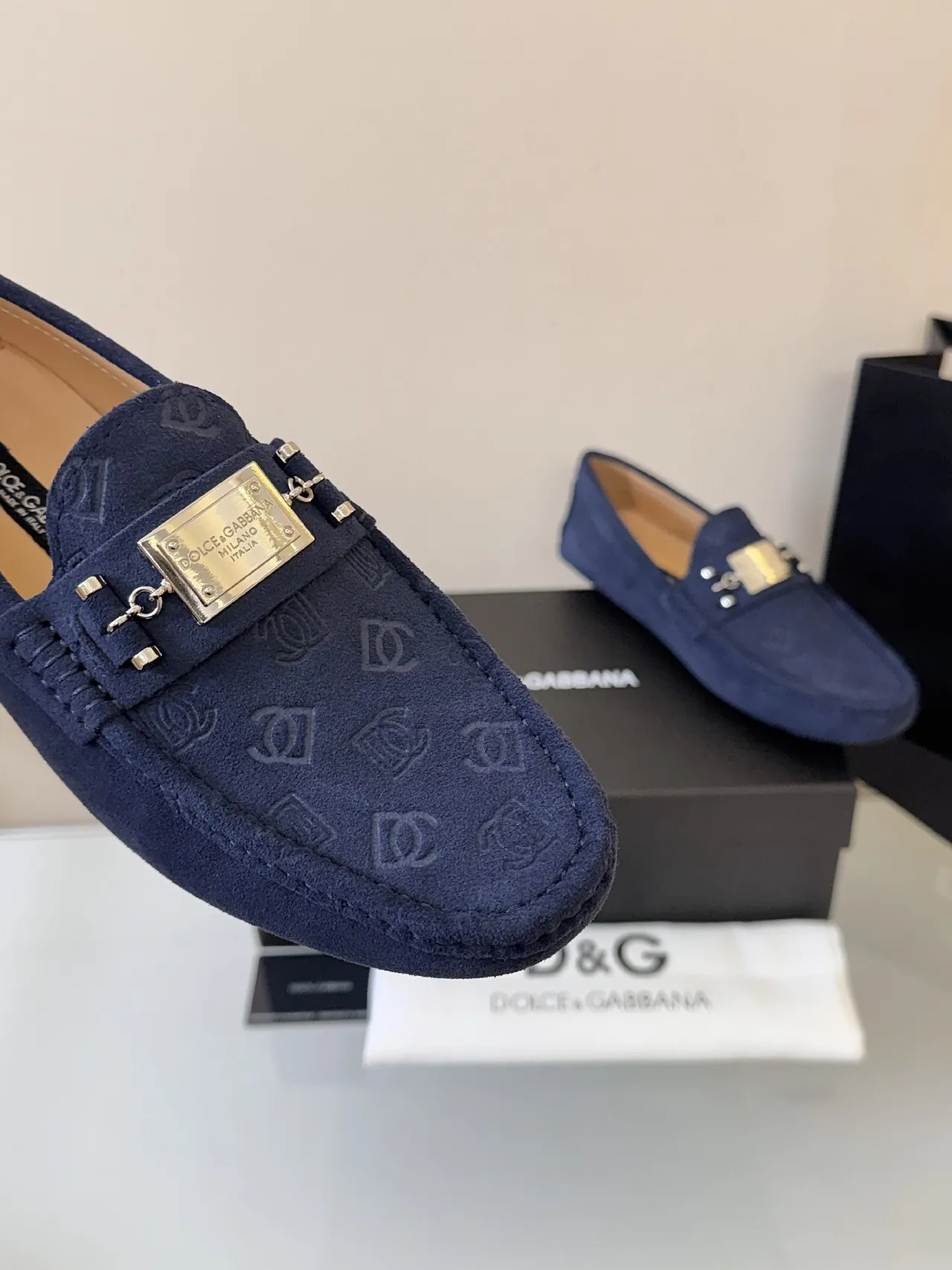 Dolce & Gabbana Portofino Navy Gold Suede Embossed Monogram Loafer