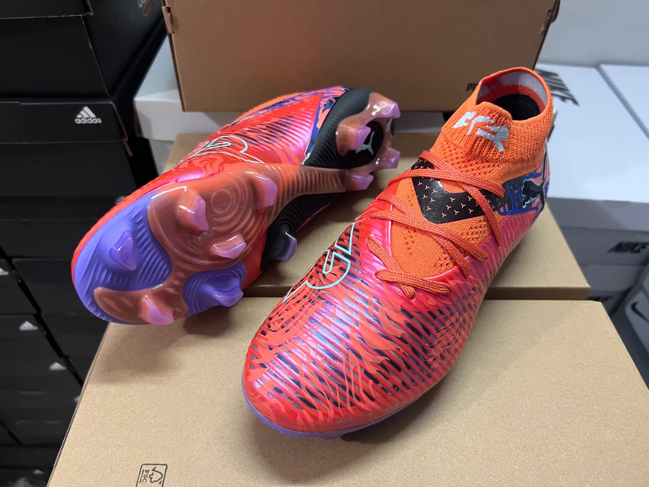 Puma Orange Blue High-Cut Knit Collar Flame-Pattern Graphic Overlay Firm-Ground Soccer Shoes