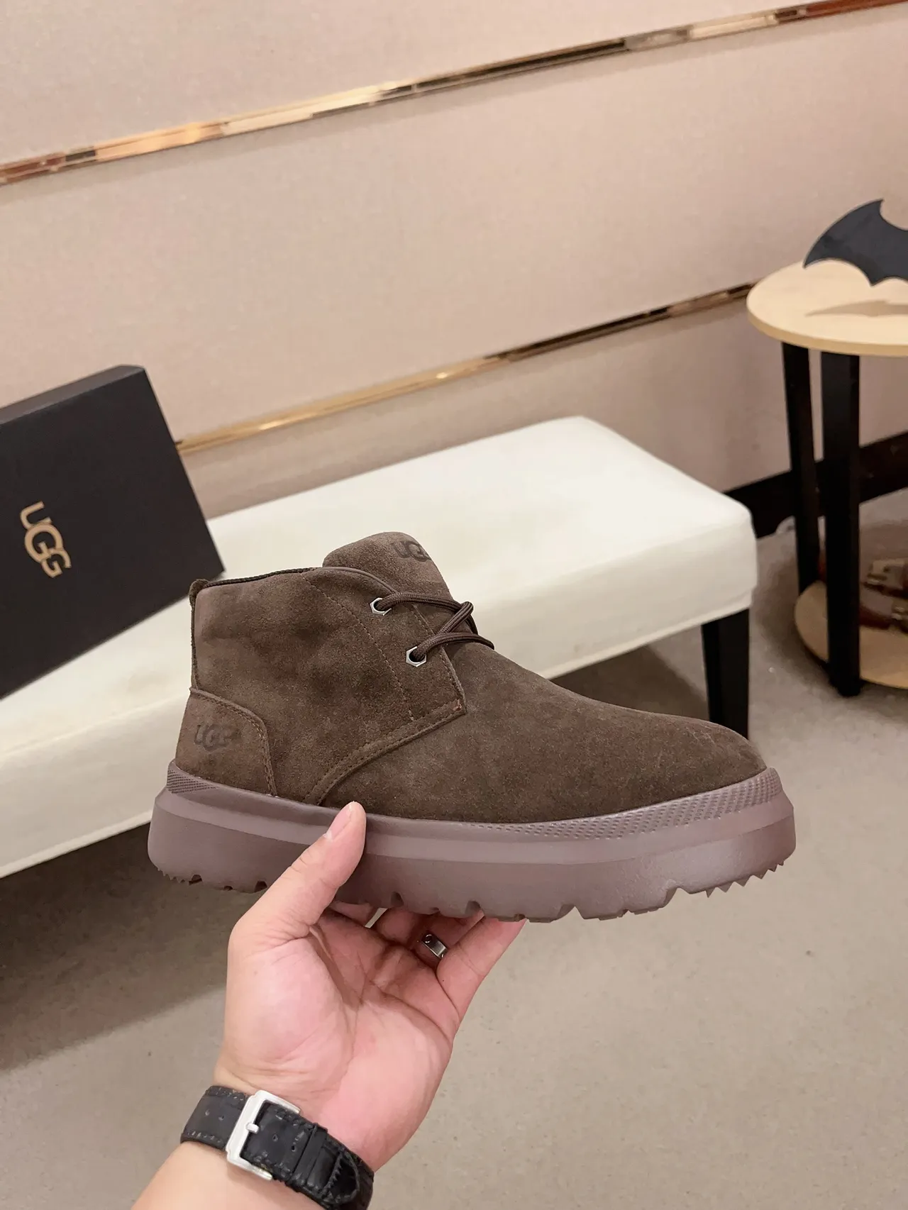 UGG Brown Gray Suede Upper Chunky Platform Sole Ankle Boots