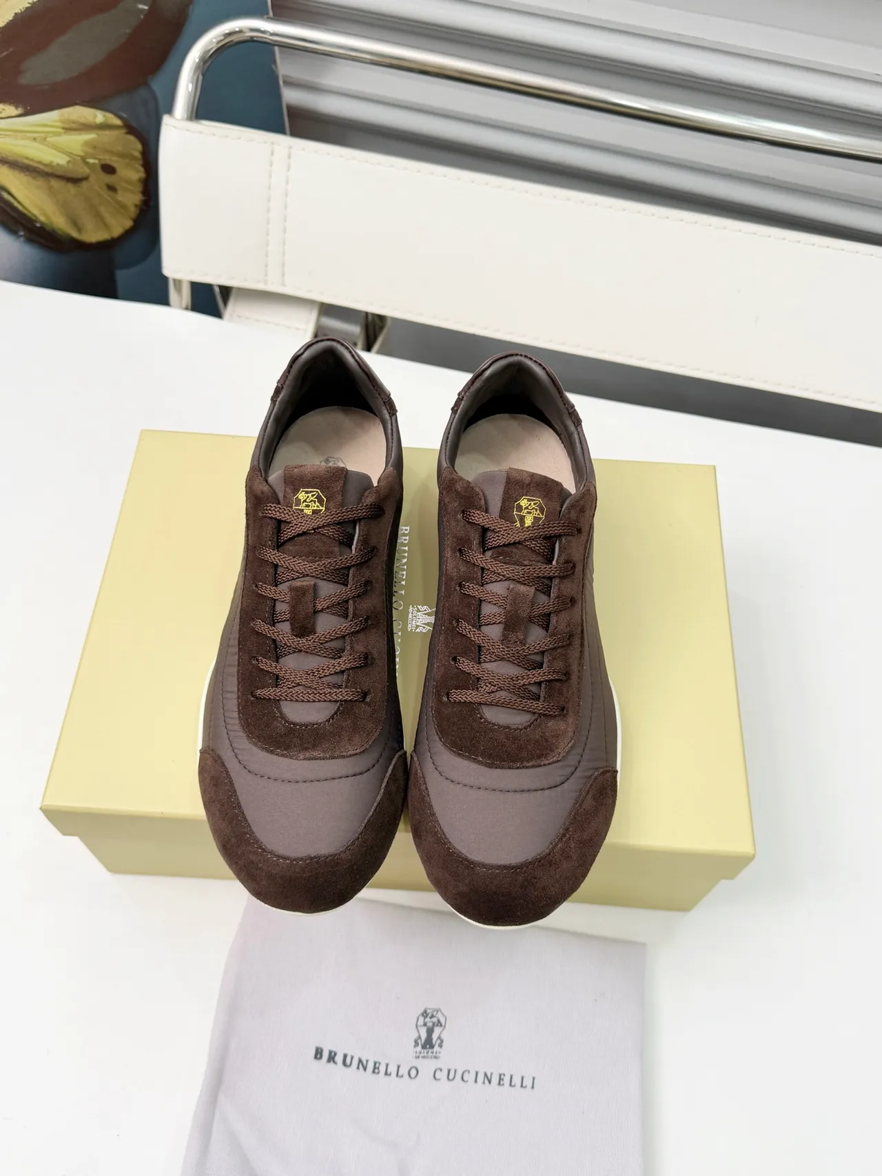 Brunello Cucinelli Brown Suede and Textile Low-Top Lifestyle Sneakers