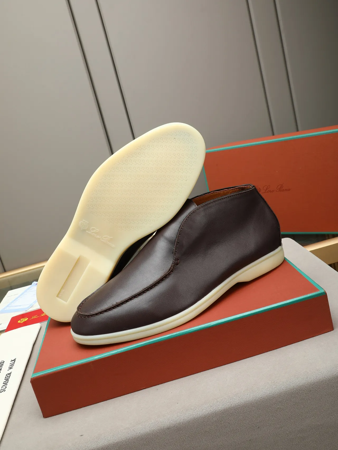 Brown Beige Slip-On Moc-Toe Stitched Loafer