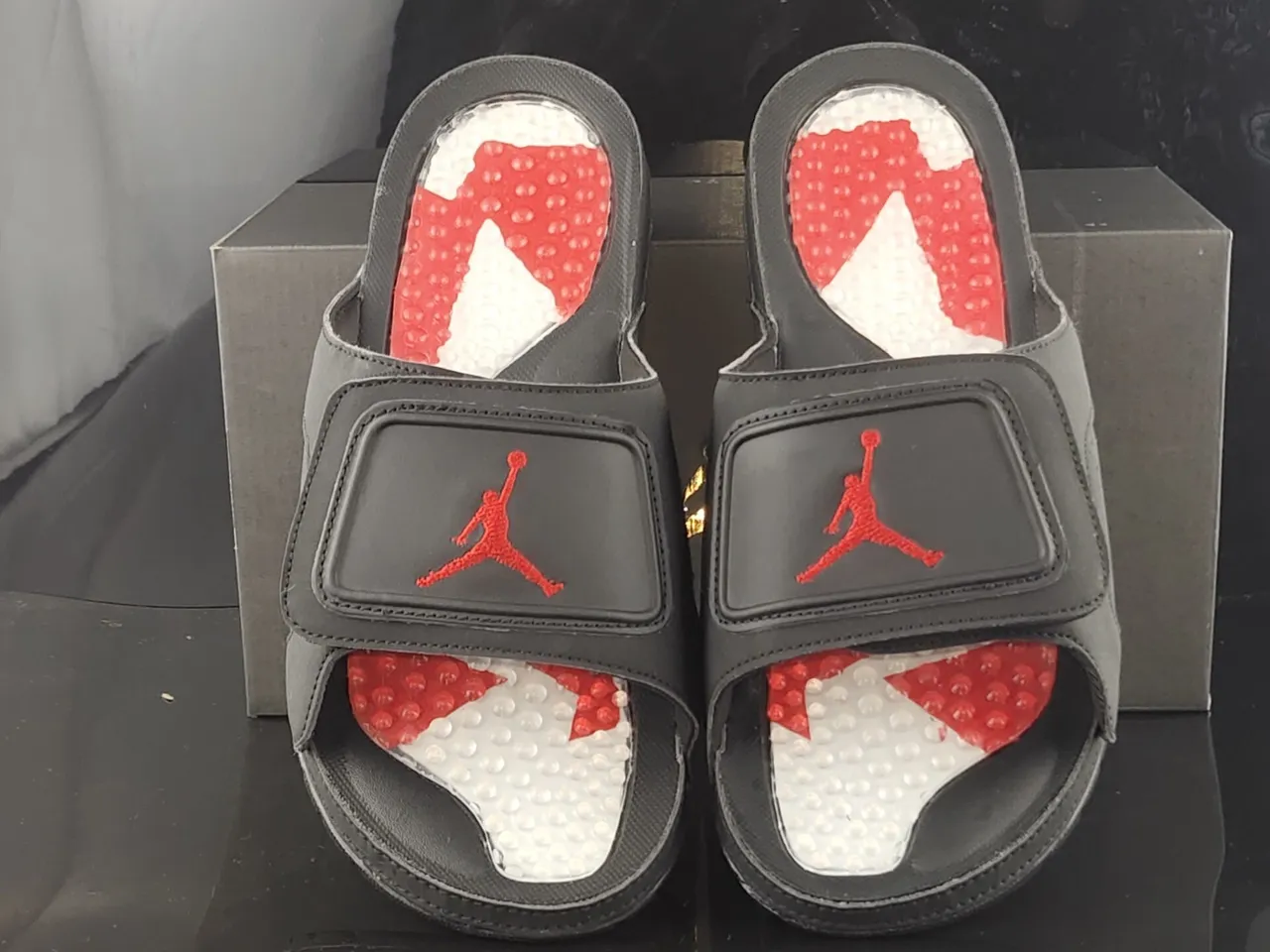 Air Jordan Black Red Synthetic Upper Single-Strap Closure Slippers