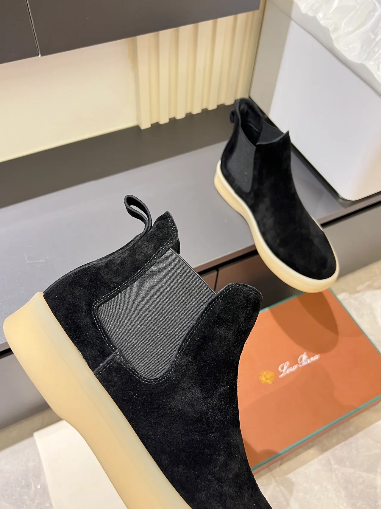 Black Beige Suede Upper Elastic Side Panels Chelsea Boots