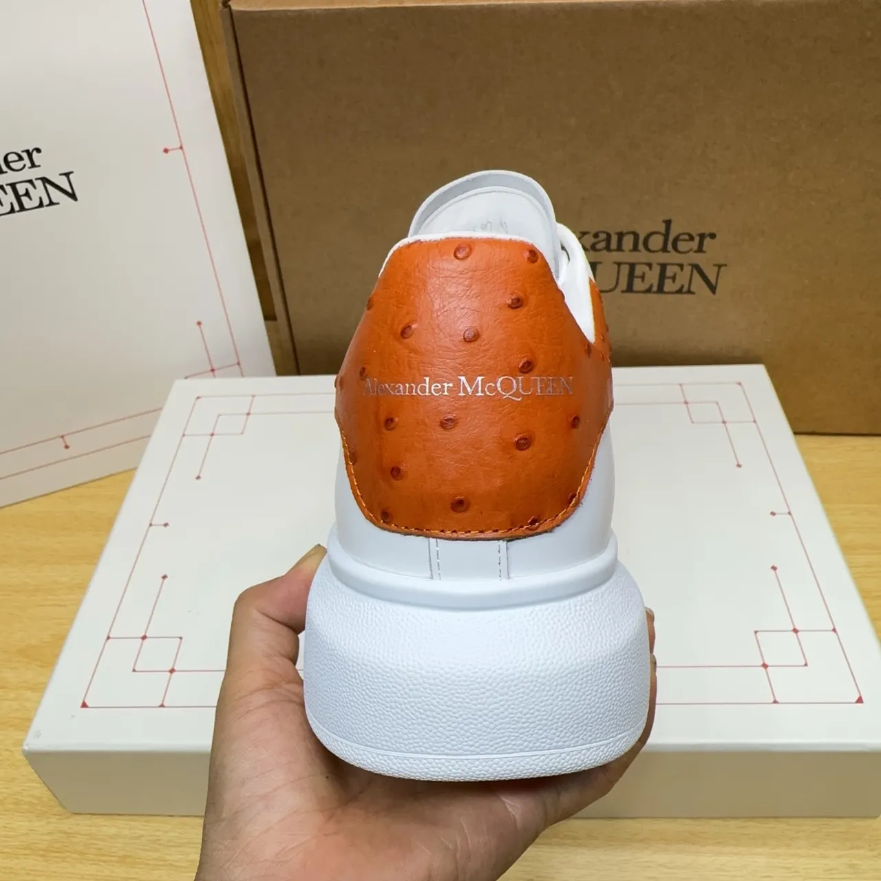 Alexander McQueen Oversized Sneaker White Orange Platform Sole Perforated Side Panel Chunky Sneakers