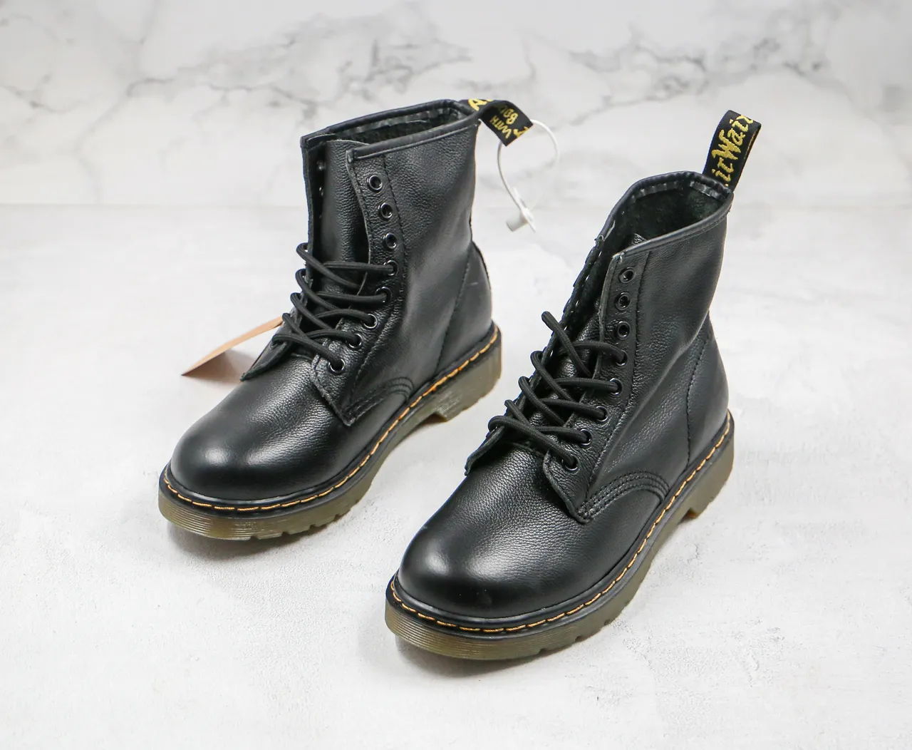 Dr. Martens 1460 Black Smooth Leather Yellow Welt Martin Boots