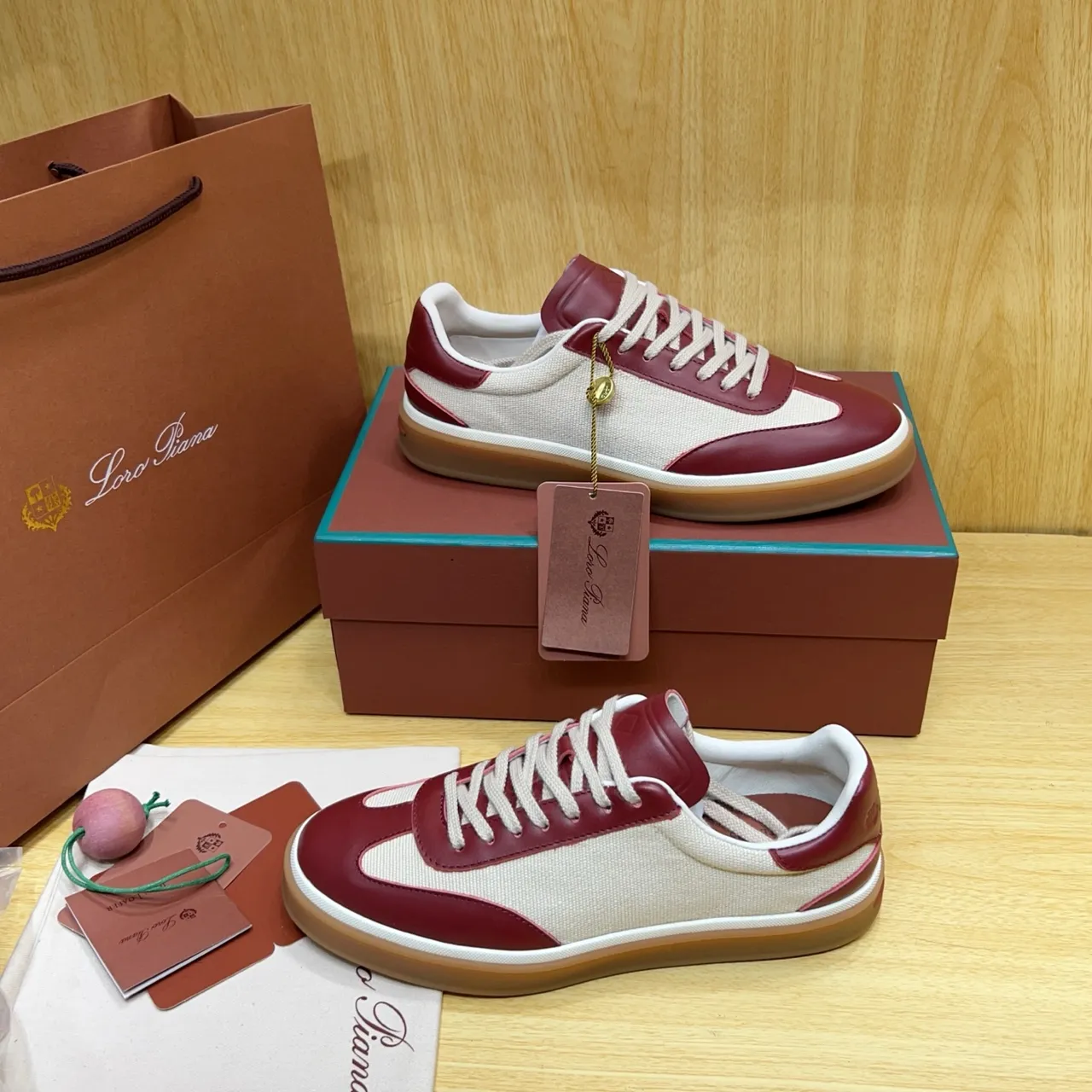 Loro Piana Two-Tone Leather-Canvas Burgundy and Beige Lifestyle Sneakers