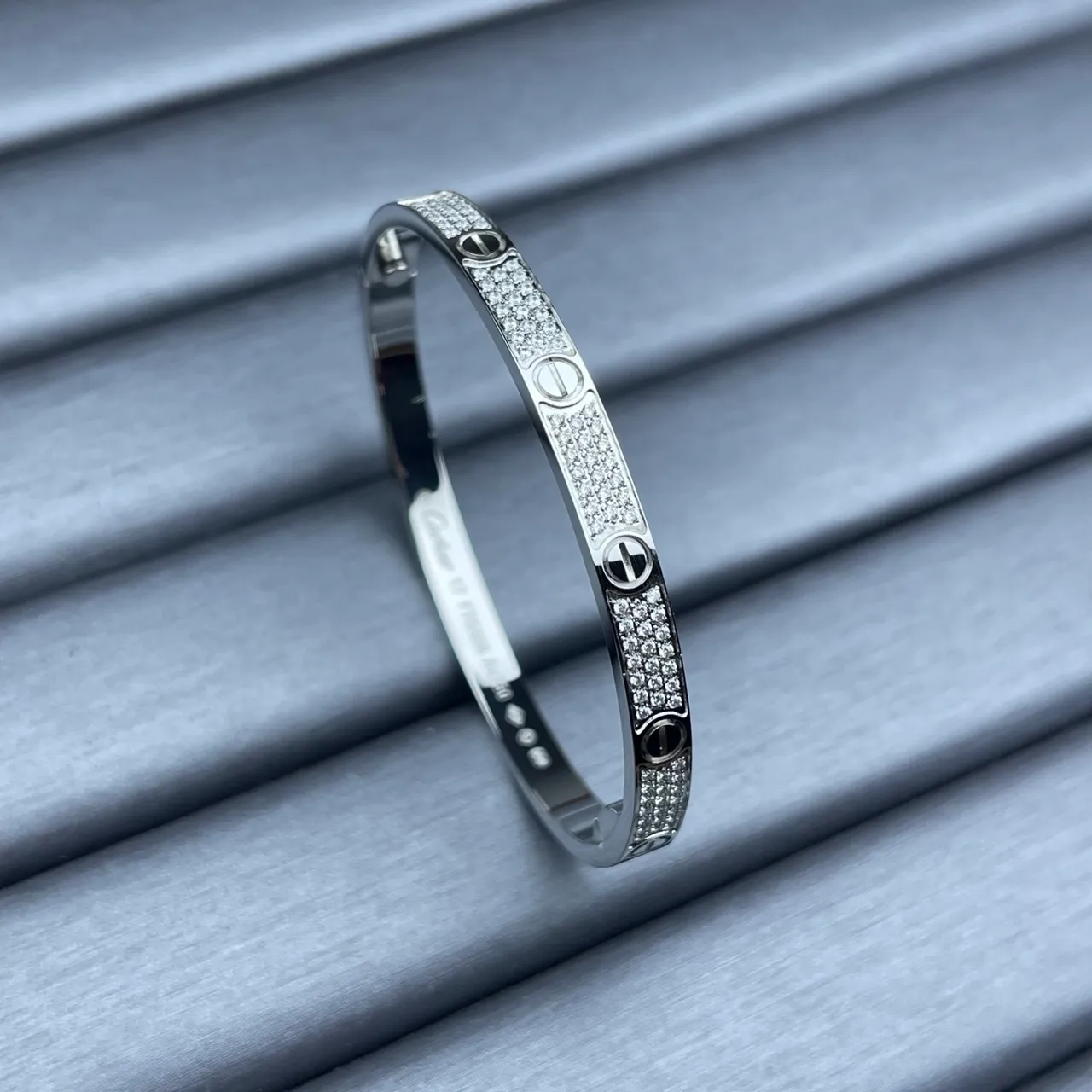 Cartier Love Silver Gold Hinged Bangle Pavé-Set Stones Bracelet